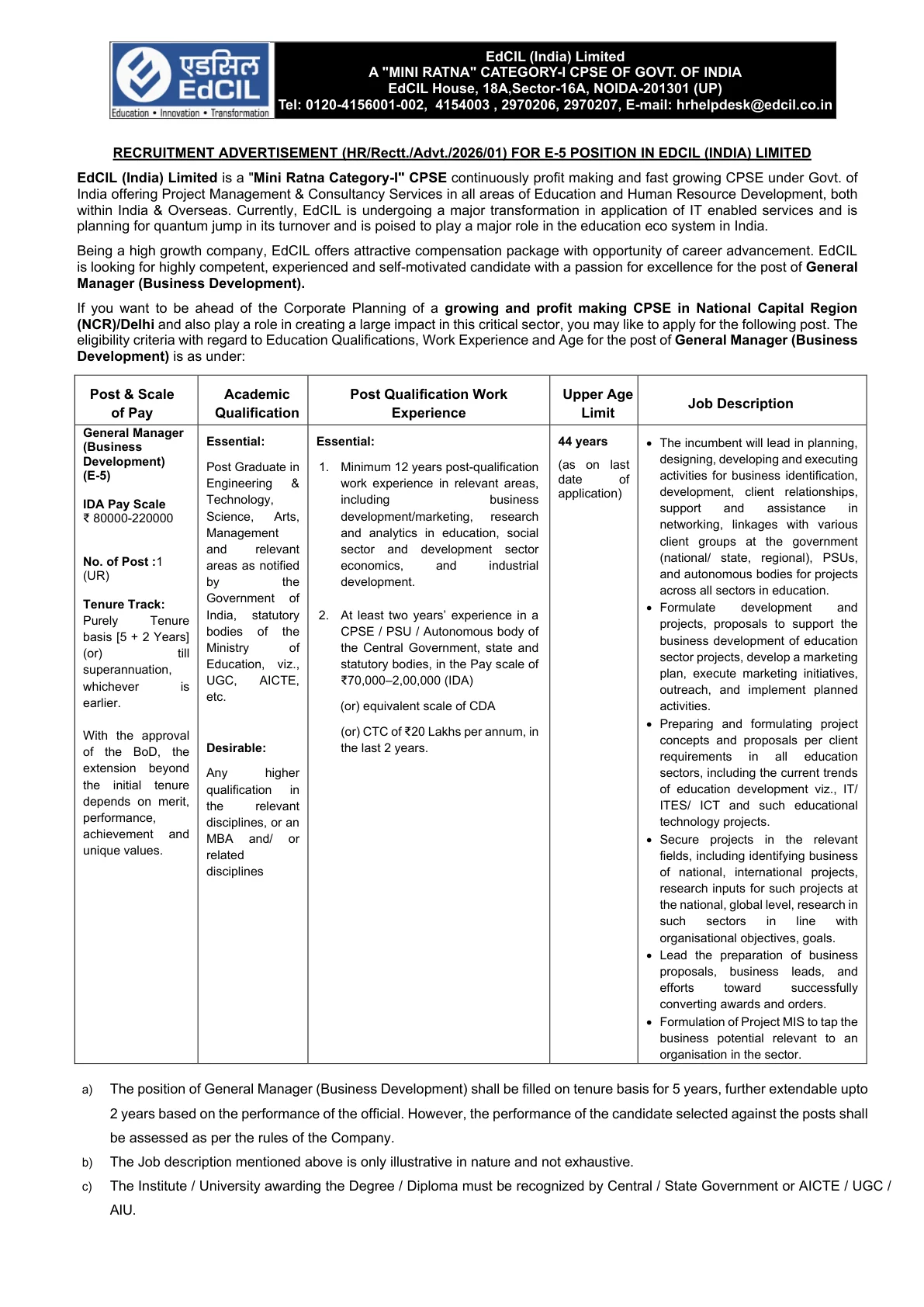 Official Recruitment Notification for EdCIL General Manager (Business Development) Recruitment 2026 - Apply Online