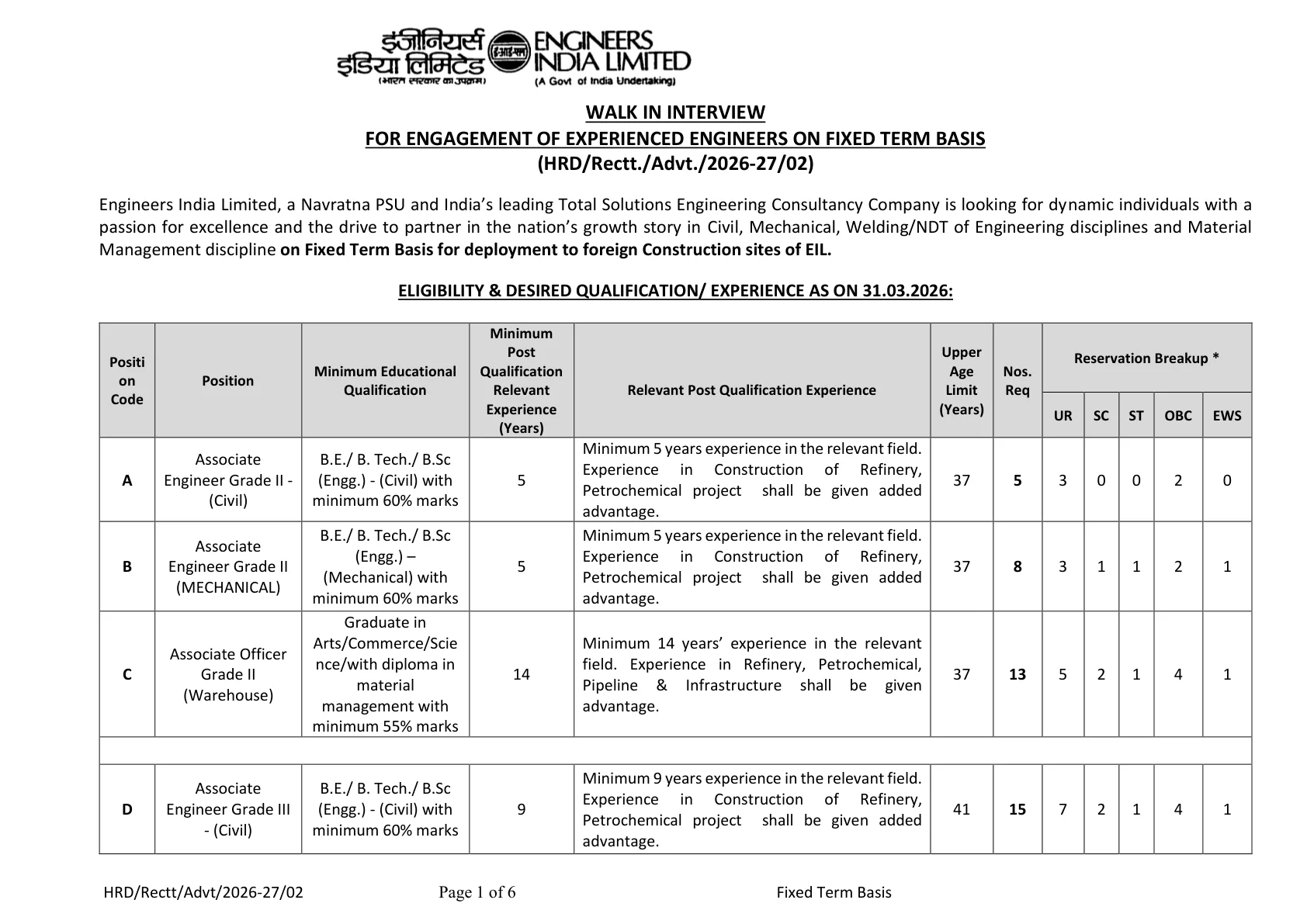 Official Recruitment Notification for EIL Associate Engineer Recruitment 2026 – Walk in for 29 Posts