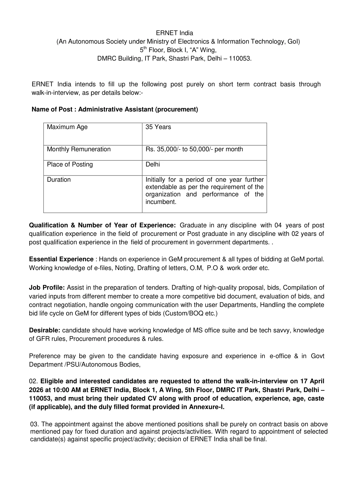 Official Recruitment Notification for ERNET Administrative Assistant Recruitment 2026 - Walkin