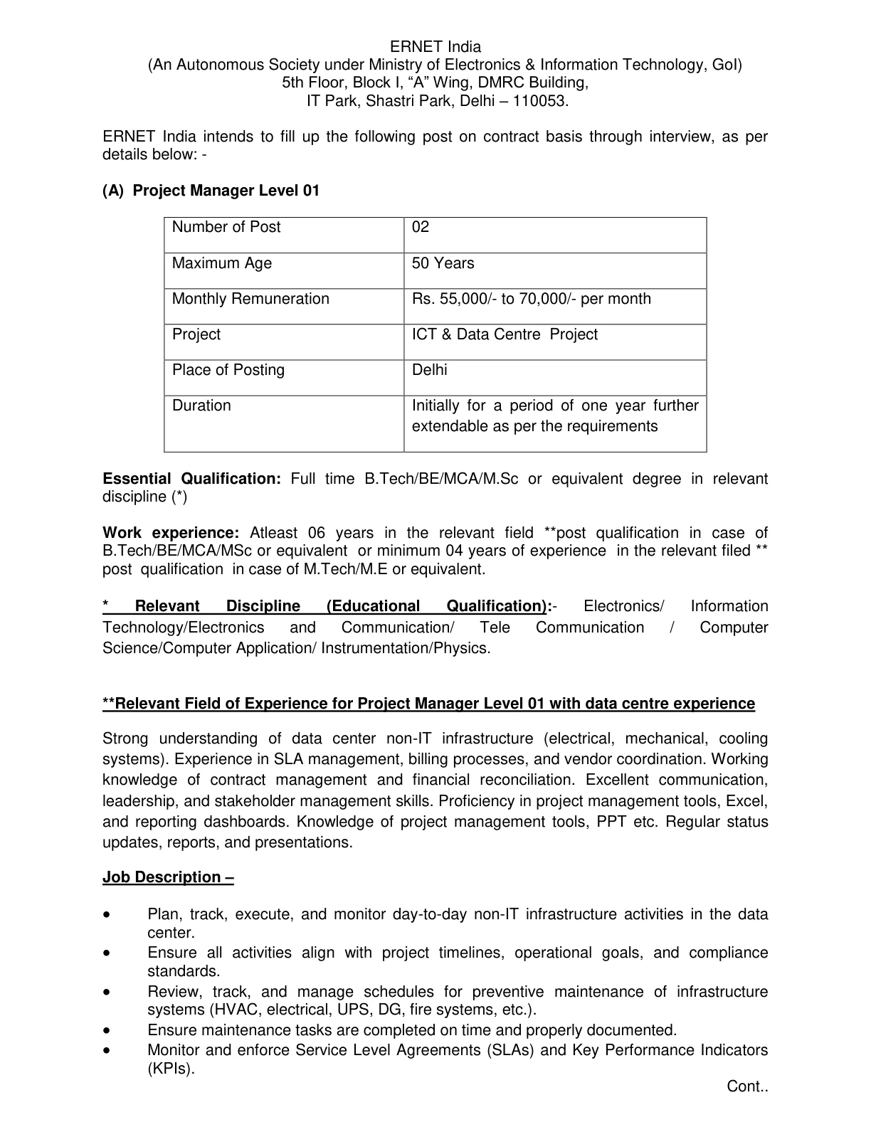 Official Recruitment Notification for ERNET Recruitment 2026 for 6 Project Manager Posts - How to Apply Online