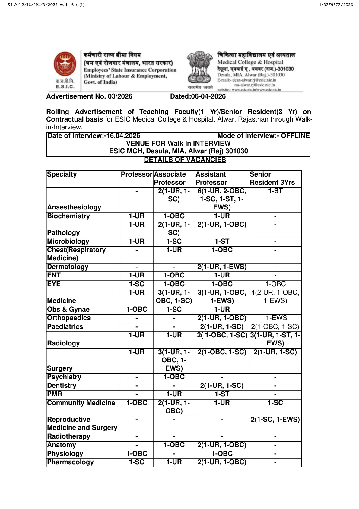 Official Recruitment Notification for ESIC Alwar Recruitment 2026 - Walk in for 177 Teaching Faculty/Senior Resident Posts