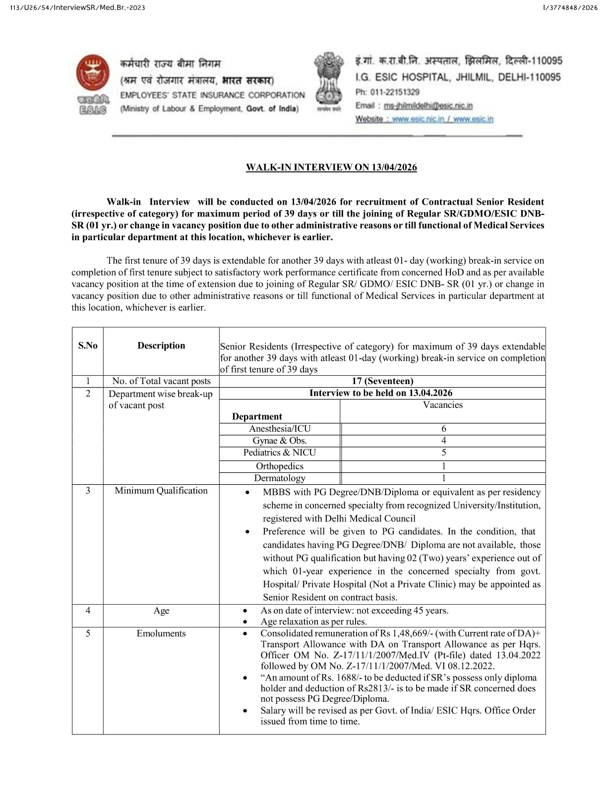 Official Recruitment Notification for ESIC Delhi Senior Resident Recruitment 2026 - Walk in for 17 Posts