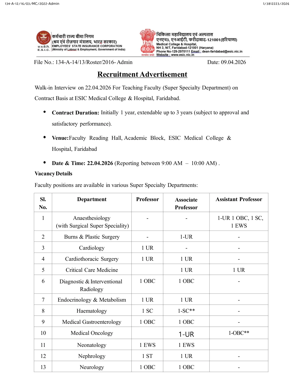 Official Recruitment Notification for ESIC Faridabad Recruitment 2026 Walk-in for 37 Professor, Associate Professor and Assistant Professor Posts