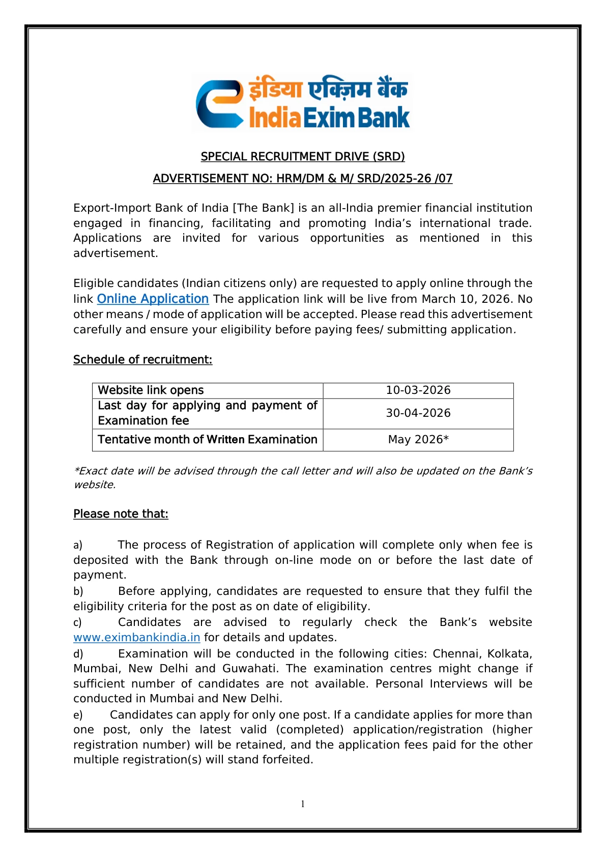 Official Recruitment Notification for EXIM Bank Recruitment 2026: How to Apply Online for Manager and Deputy Manager Posts