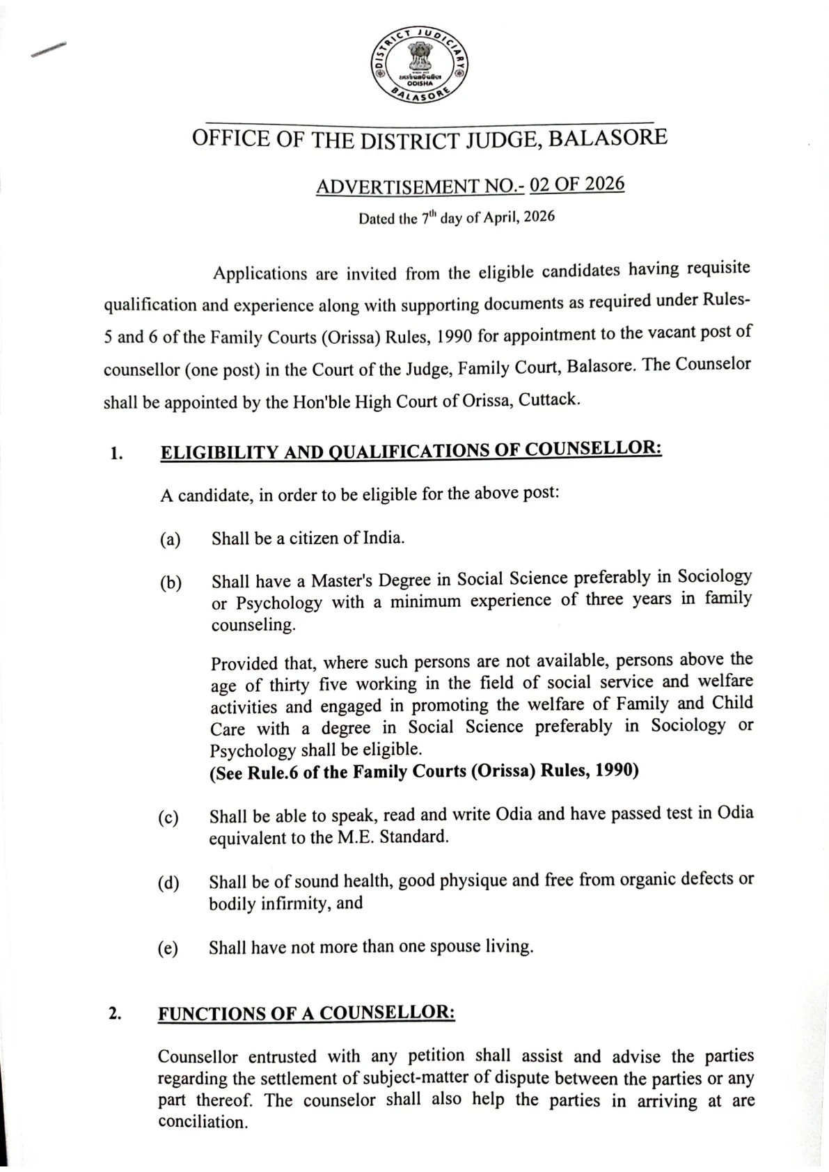 Official Recruitment Notification for Family Court Balasore Counsellor Recruitment 2026 - Apply Offline