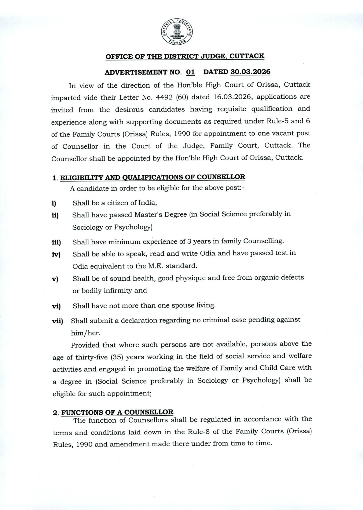 Official Recruitment Notification for Family Court Cuttack Counsellor Recruitment 2026 - Apply Offline