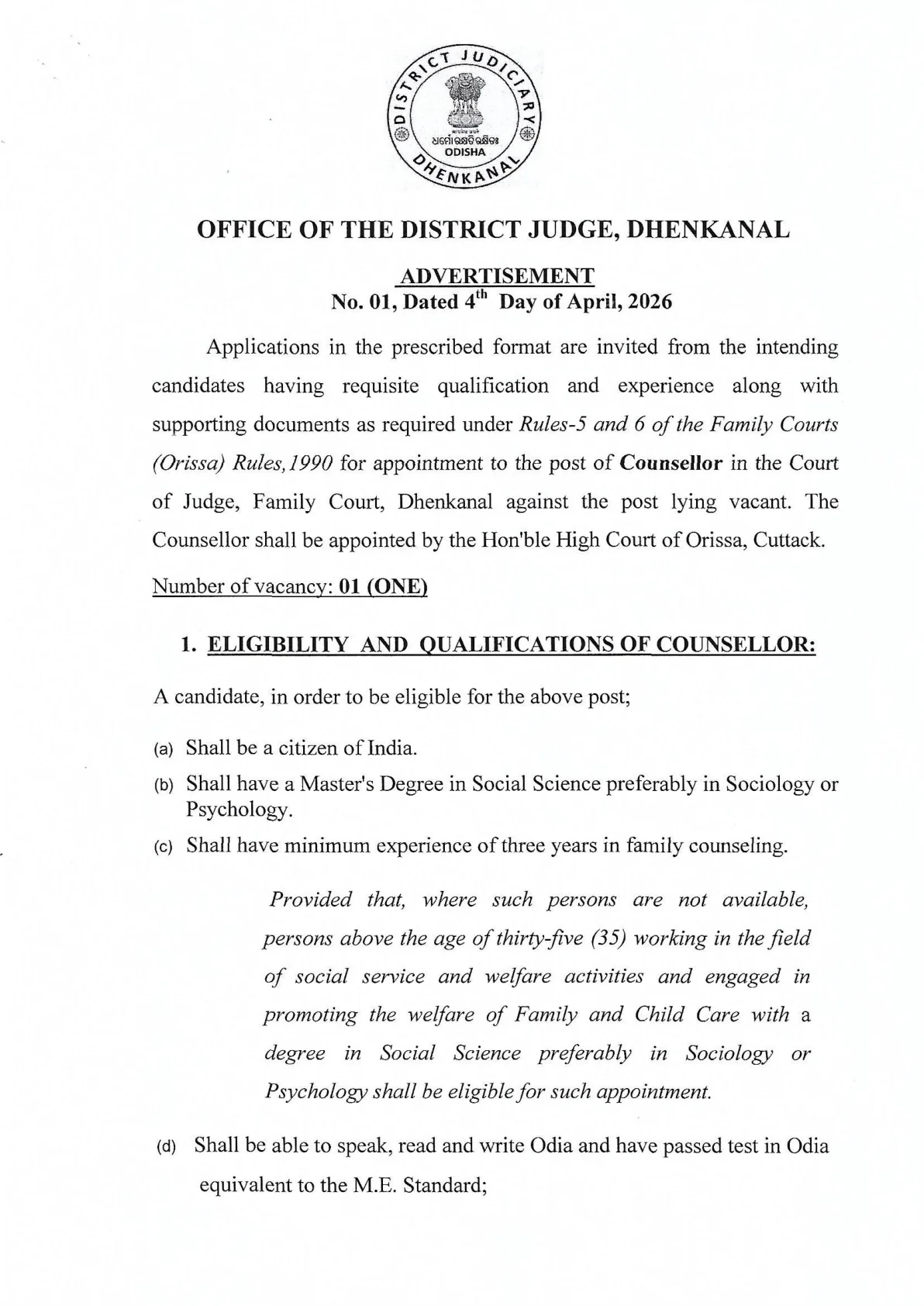 Official Recruitment Notification for Family Court Dhenkanal Counsellor Recruitment 2026 - Apply Offline