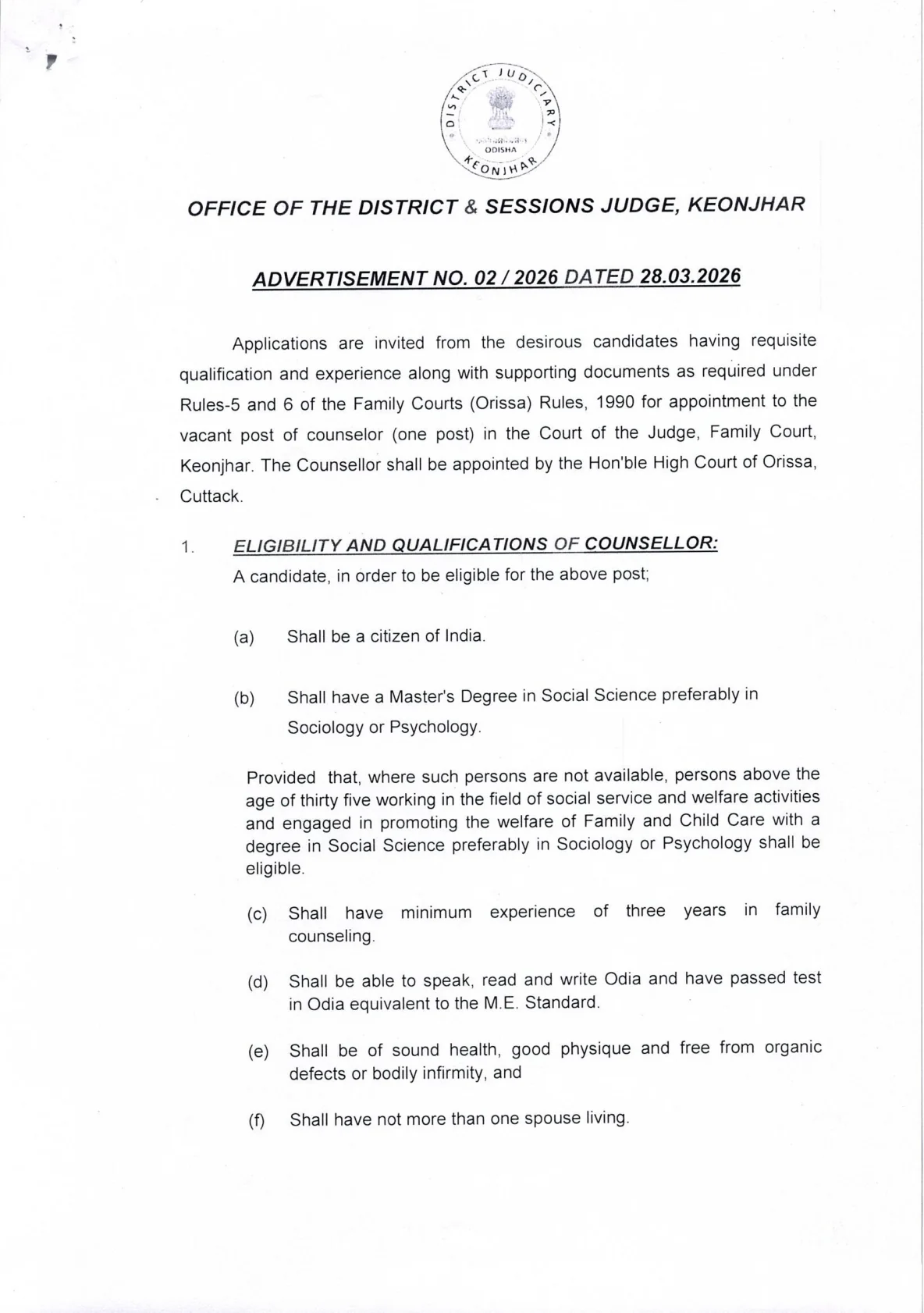 Official Recruitment Notification for Family Court Keonjhar Counsellor Recruitment 2026 - Apply Offline