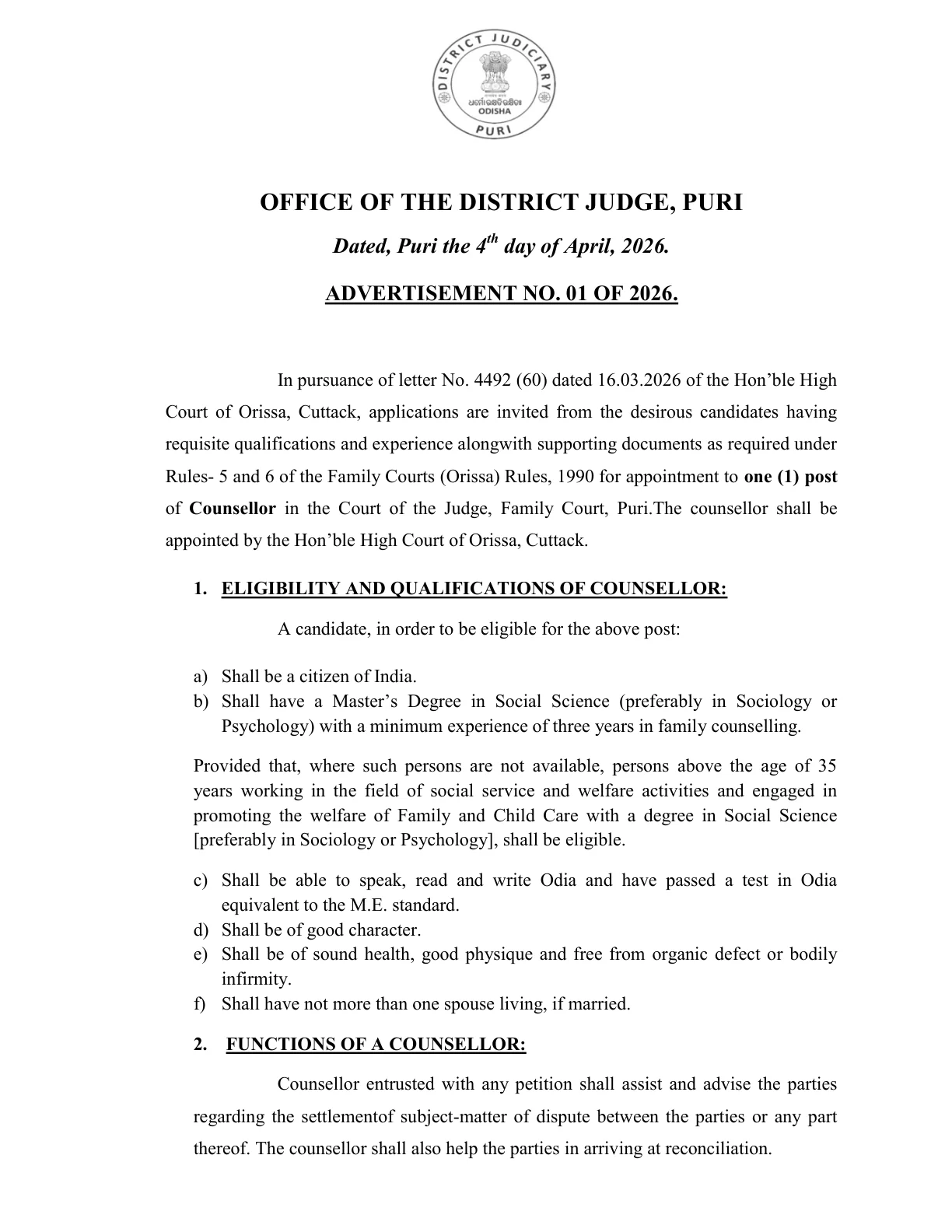 Official Recruitment Notification for Family Court Puri Counsellor Recruitment 2026 - Apply Offline