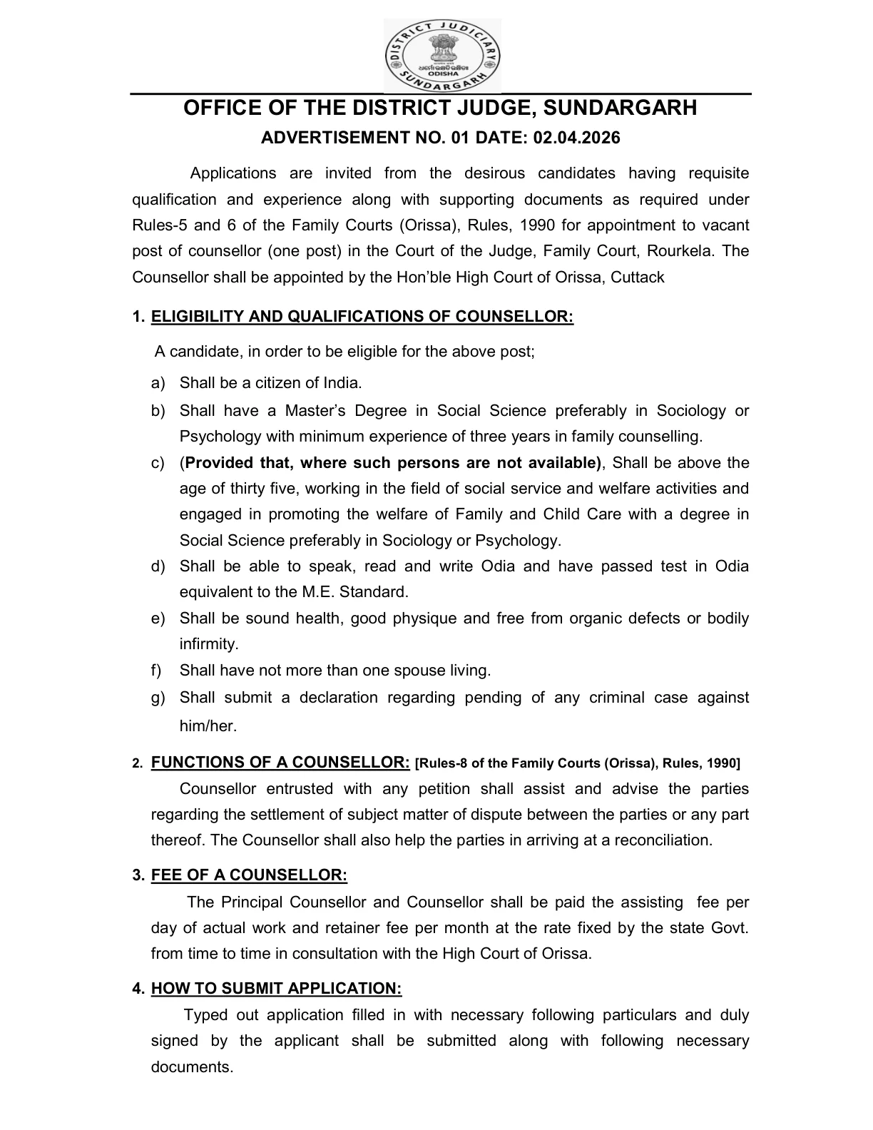 Official Recruitment Notification for Family Court Sundargarh Counsellor Recruitment 2026 - Apply Offline