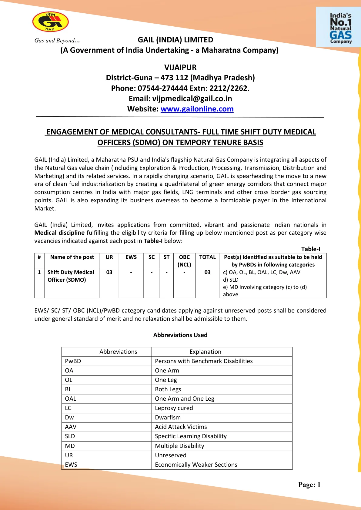 Official Recruitment Notification for GAIL Medical Consultants Recruitment 2026 - Apply Offline