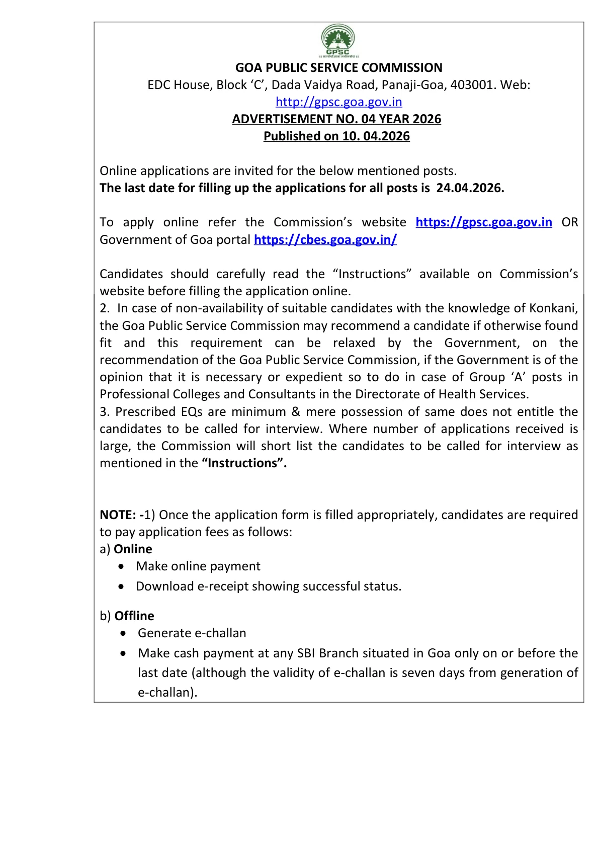 Official Recruitment Notification for Goa PSC Assistant Professor Recruitment 2026 - Apply Online
