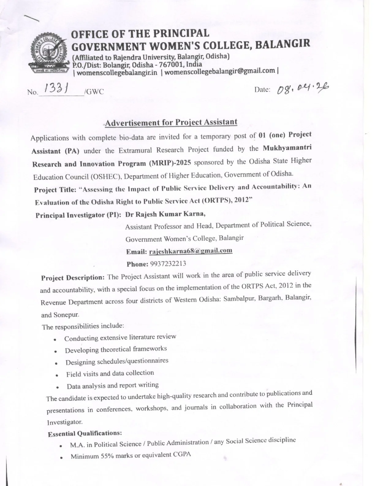 Official Recruitment Notification for Government Women's College Balangir Project Assistant Recruitment 2026 - Apply Online
