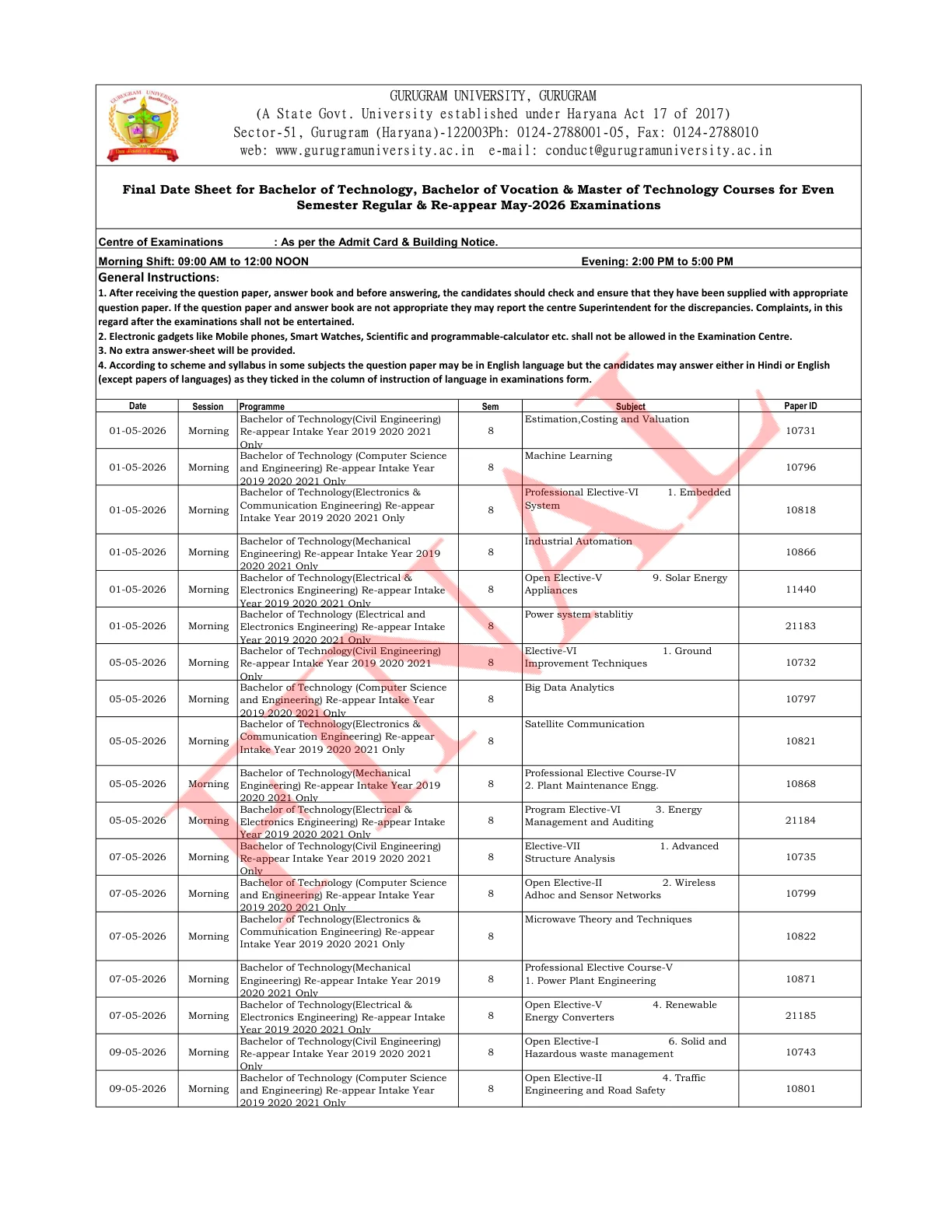 Official Exam Notice for Gurugram University Date Sheet 2026 Announced B.Tech, B.Voc, M.Tech Even Semester Regular & Reappear Exams at gurugramuniversity.ac.in