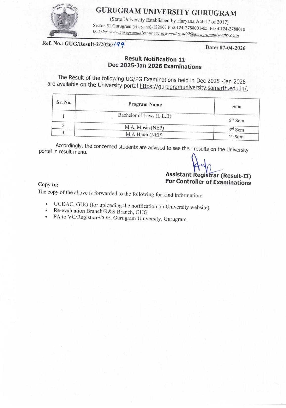 Official Result Link for Gurugram University LLB, MA Result 2026 Out - Check Dec 2025 Exam 1st and 3rd Semester Result Online at gurugramuniversity.ac.in