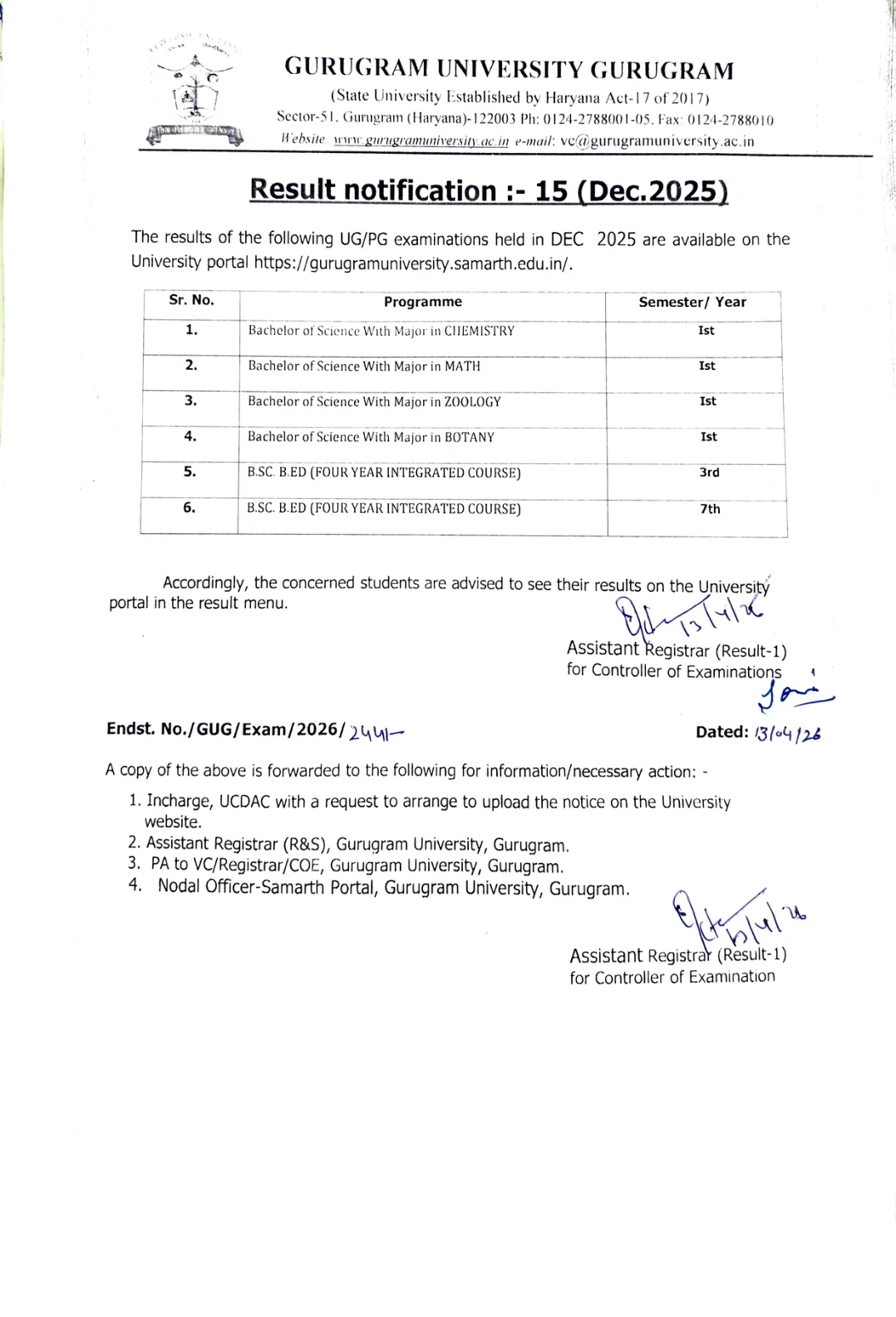 Official Result Link for Gurugram University B.Sc Result 2026: Direct Link and Steps to Check B.Sc Major and B.Sc B.Ed Semester Results