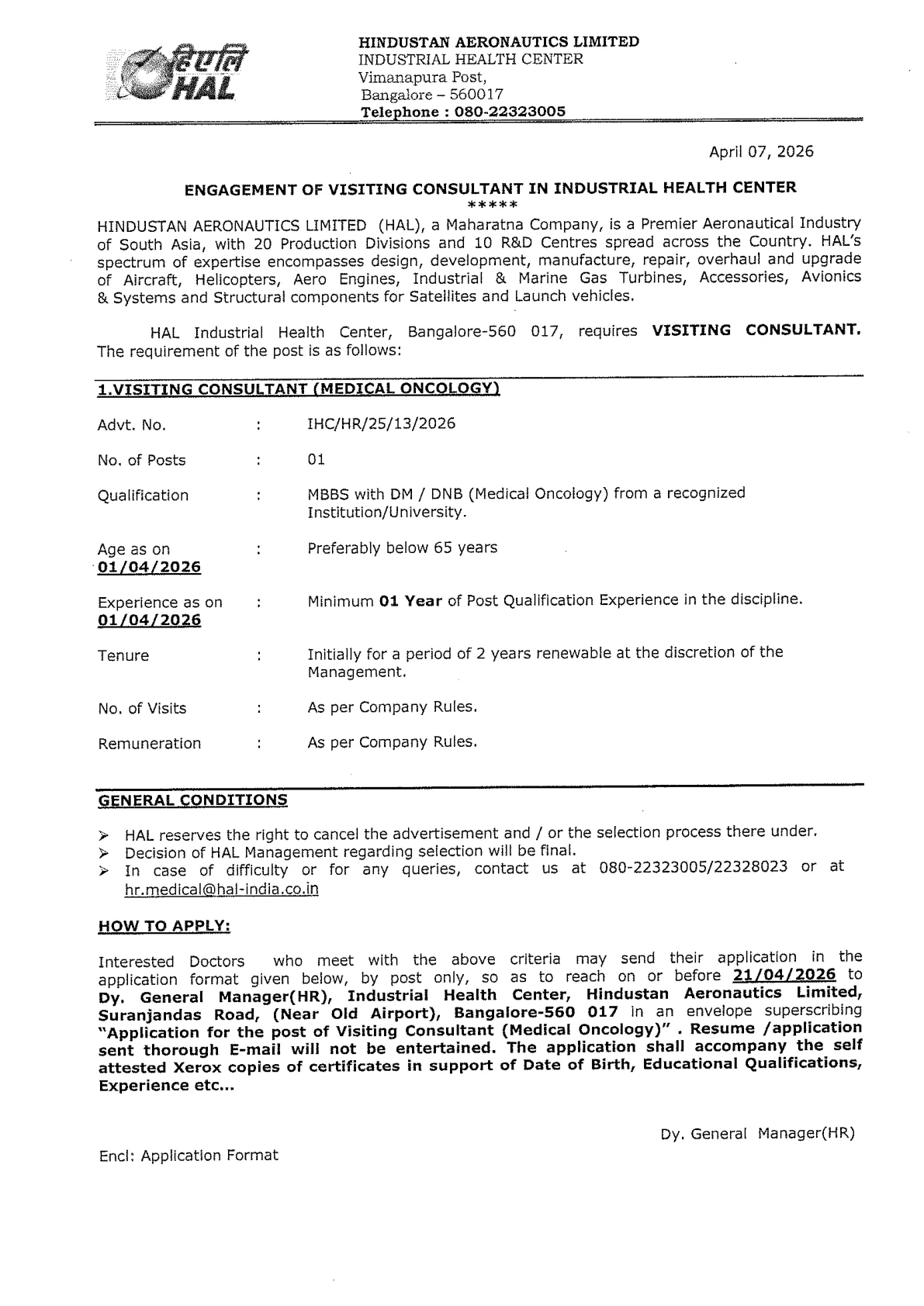 Official Recruitment Notification for HAL Visiting Consultant Recruitment 2026 - Apply Offline for Medical Oncology Post
