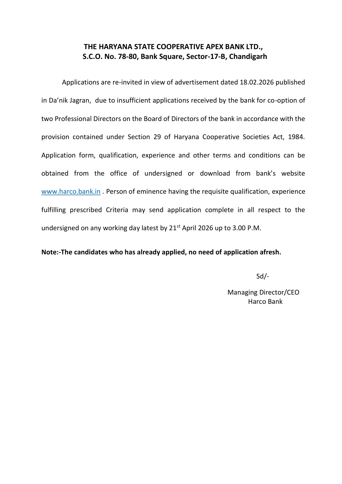 Official Recruitment Notification for Harco Bank Professional Director Recruitment 2026 - Apply Offline