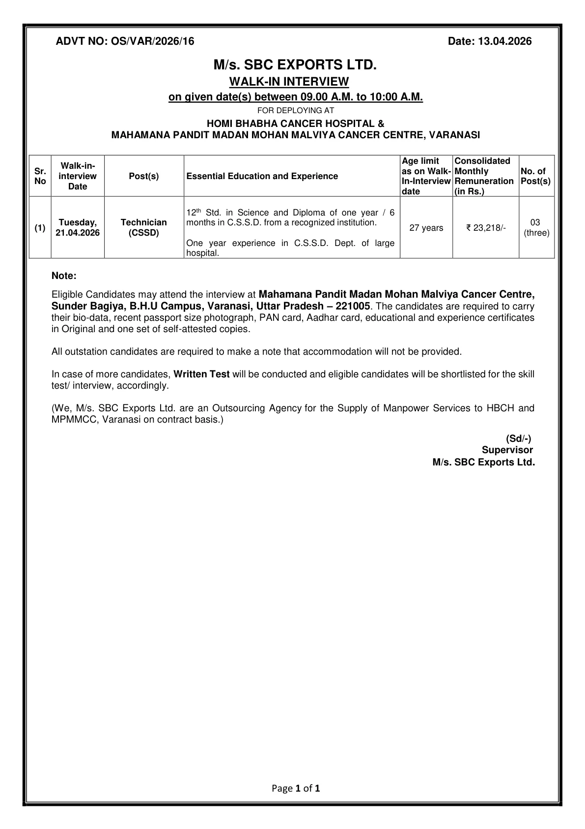 Official Recruitment Notification for HBCH MPMMCC Technician Recruitment 2026 Walk-in for 3 CSSD Posts in Varanasi