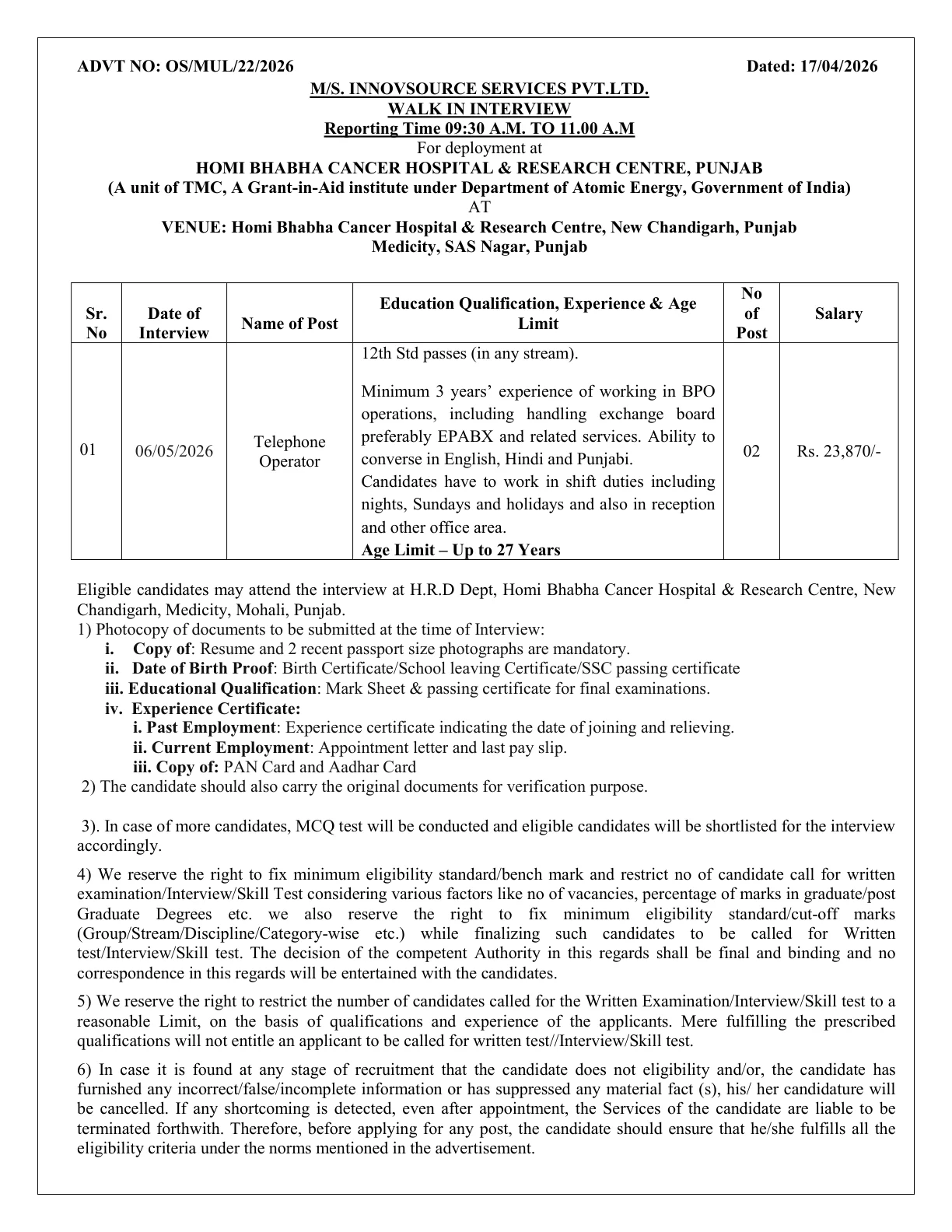 Official Recruitment Notification for HBCHRC Punjab Telephone Operator Walk-in Recruitment 2026: Eligibility, Salary, Venue and Interview Date