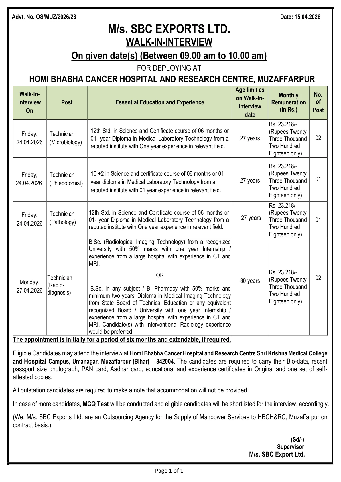 Official Recruitment Notification for HBCHRC Technician Recruitment 2026 Walk-In for 6 Technician Posts in Muzaffarpur