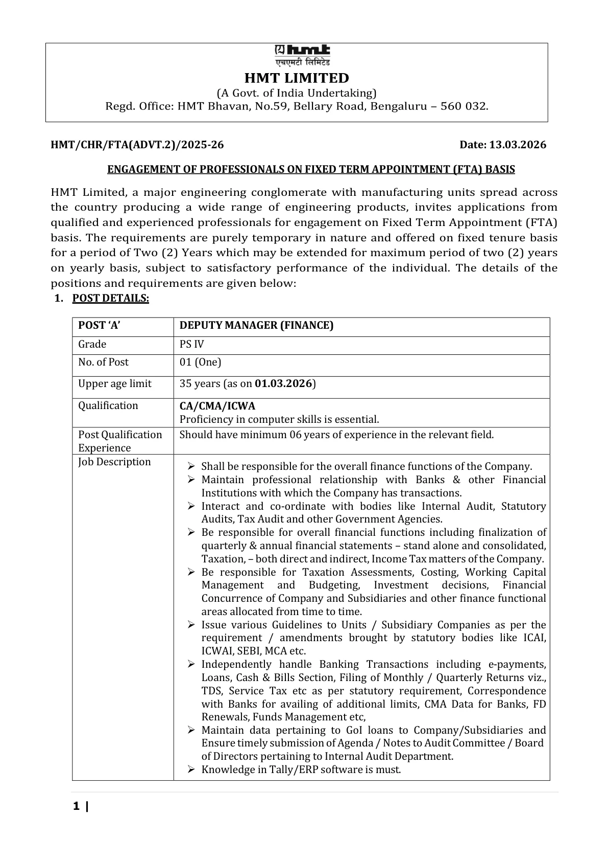 Official Recruitment Notification for HMT Recruitment 2026 - Apply Offline for 05 Officer, Deputy Manager Posts