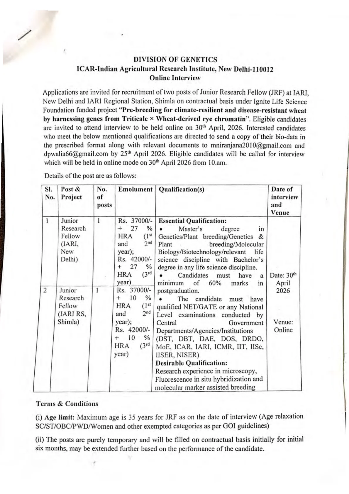 Official Recruitment Notification for ICAR IARI Recruitment 2026 for 2 Junior Research Fellow Posts: Eligibility, Email Application Process and Interview Date