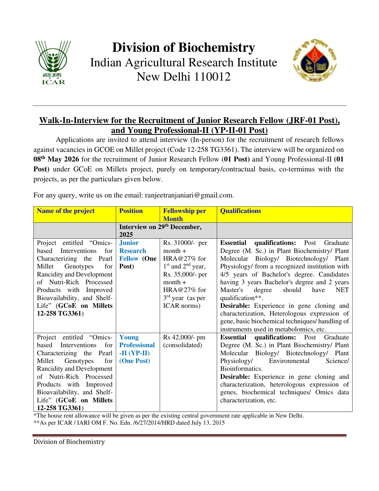 Official Recruitment Notification for ICAR IARI Walk-in Recruitment 2026: JRF and Young Professional II Posts, Eligibility and Interview Details