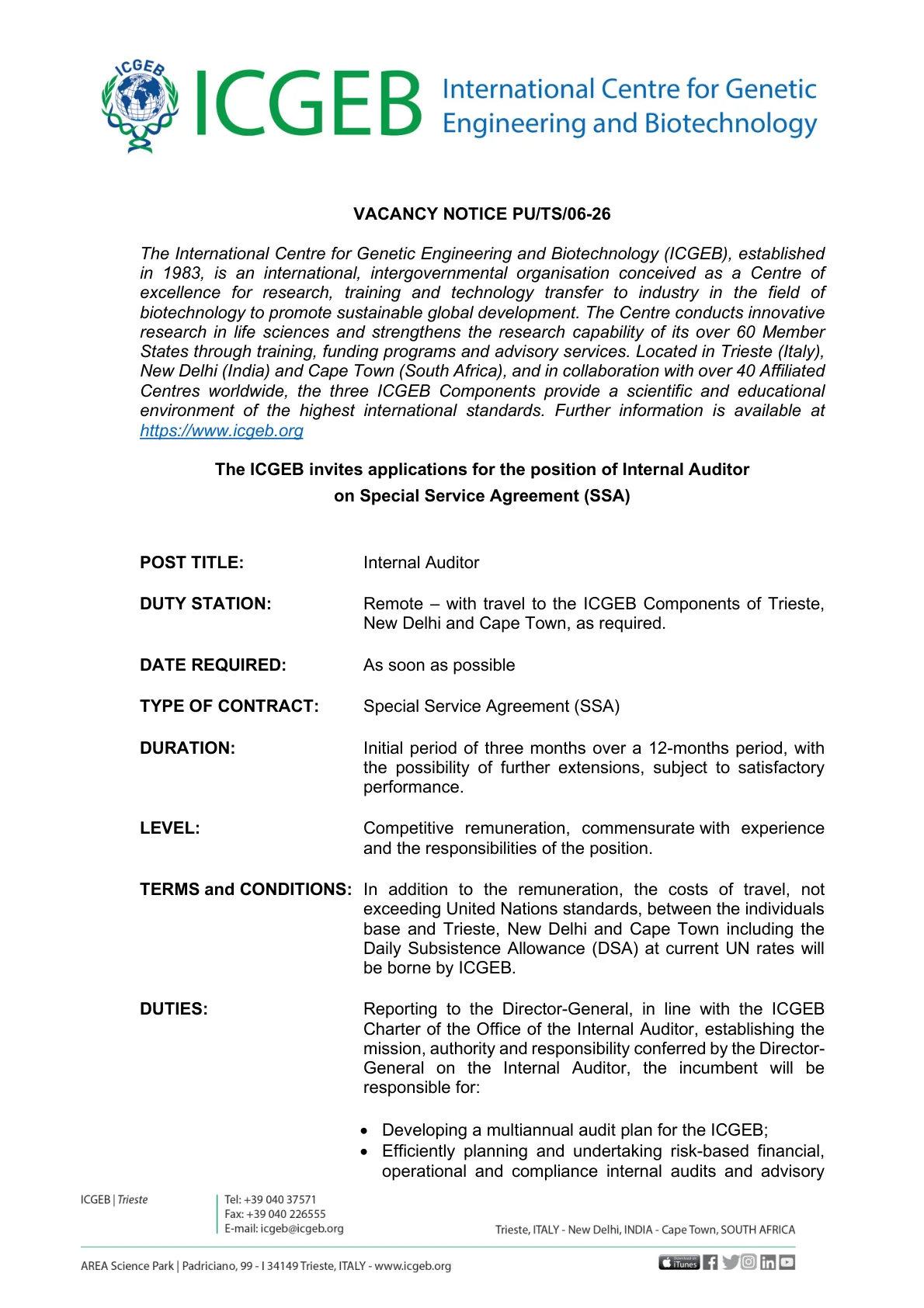 Official Recruitment Notification for ICGEB Internal Auditor Recruitment 2026 - Apply Online