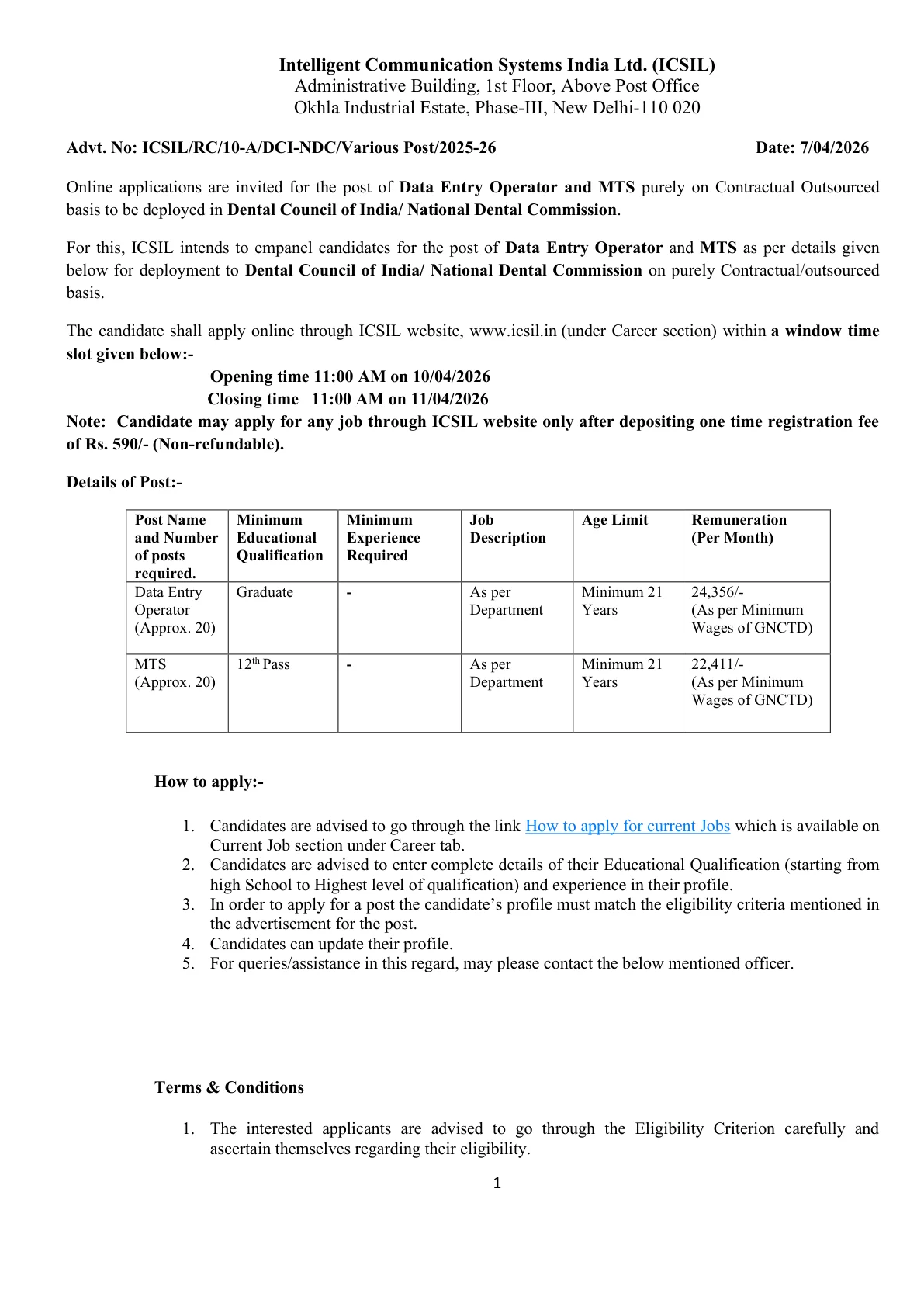 Official Recruitment Notification for ICSIL Recruitment 2026 - Apply Online for 40 DEO and MTS Posts