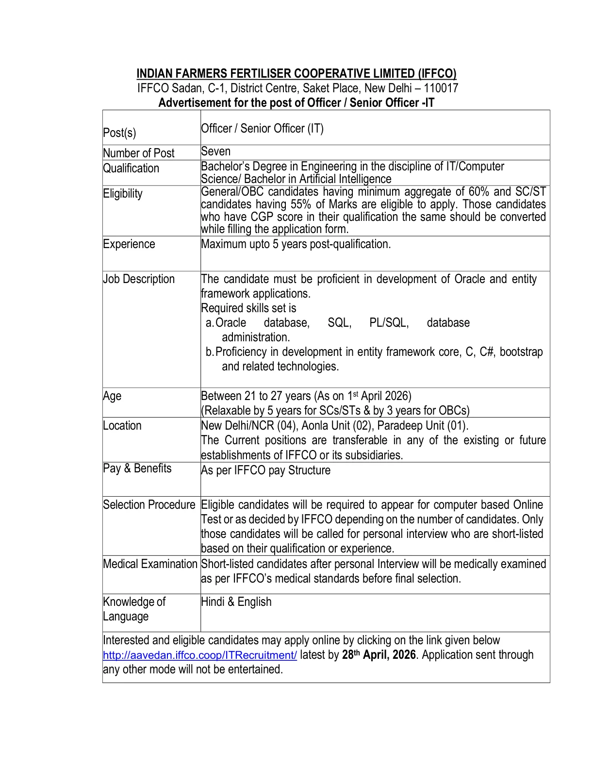 Official Recruitment Notification for IFFCO Officer / Senior Officer Recruitment 2026 for 7 IT Posts: Eligibility, Apply Online Link, Age Limit and Selection Process