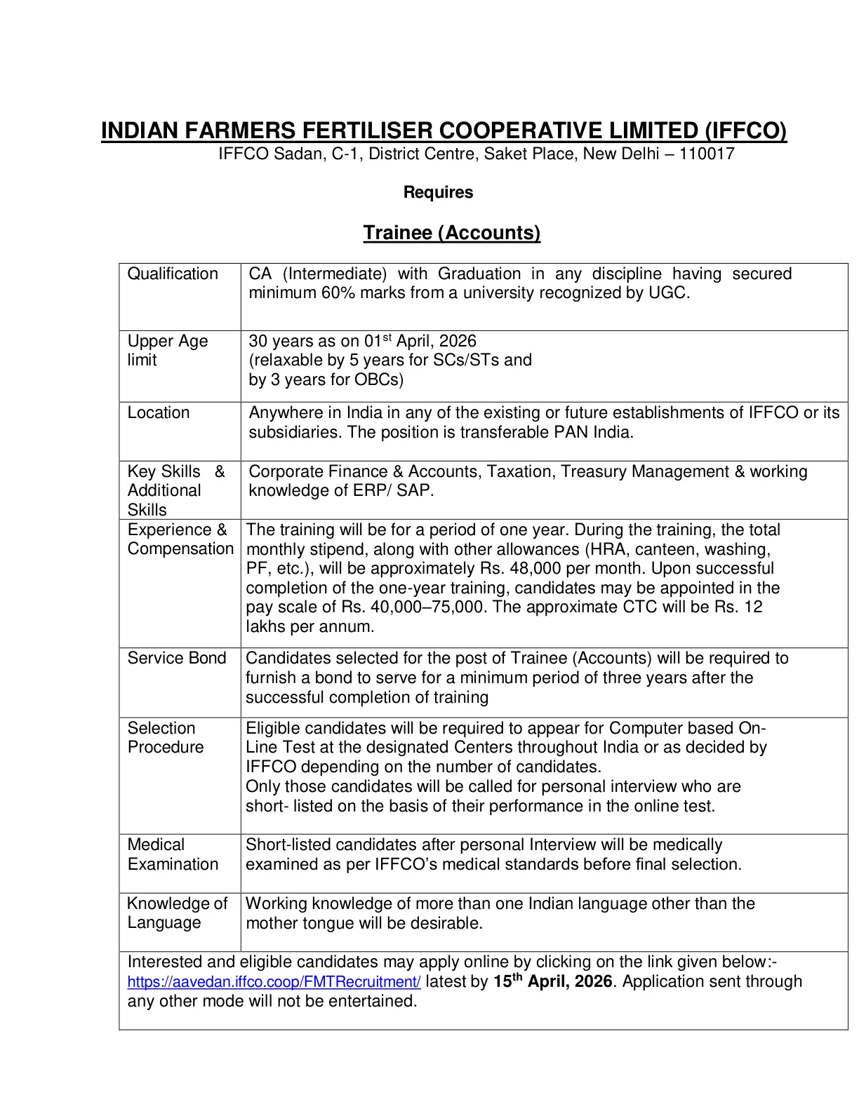 Official Recruitment Notification for IFFCO Trainee Recruitment 2026 - Apply Online
