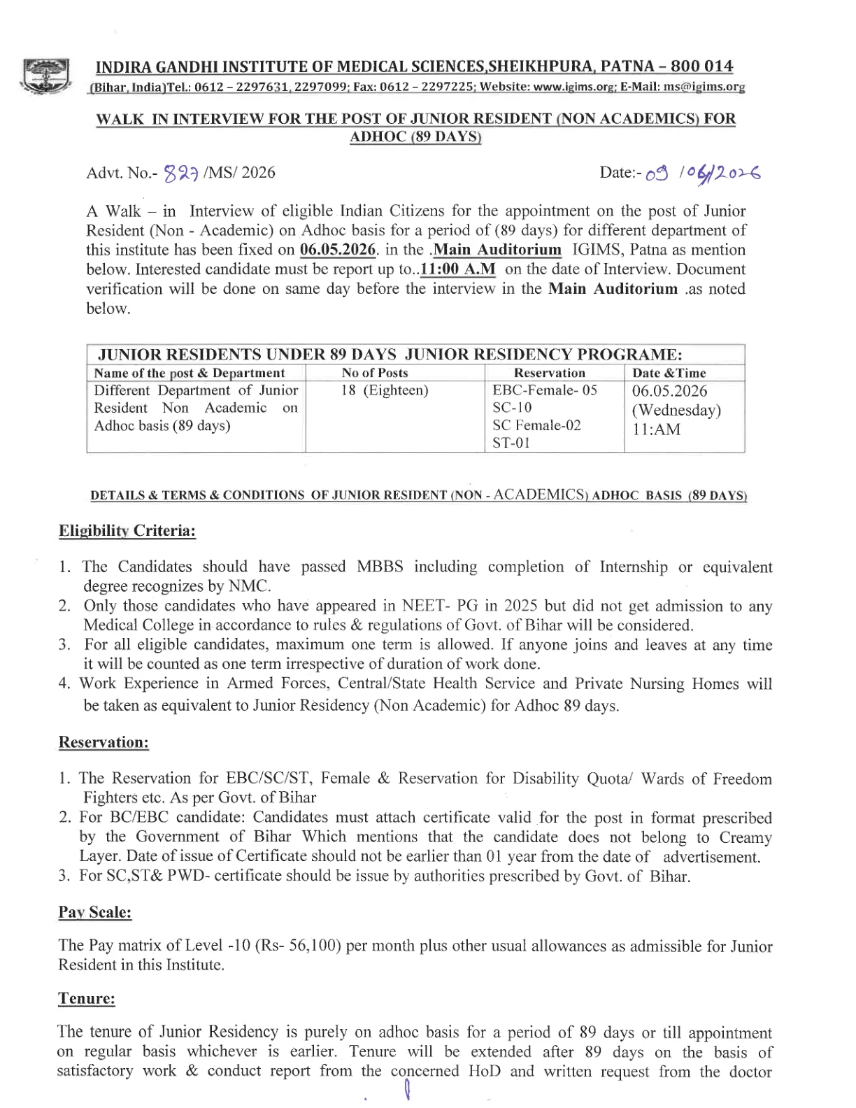 Official Recruitment Notification for IGIMS Junior Resident Recruitment 2026 - Walkin for 18 Posts
