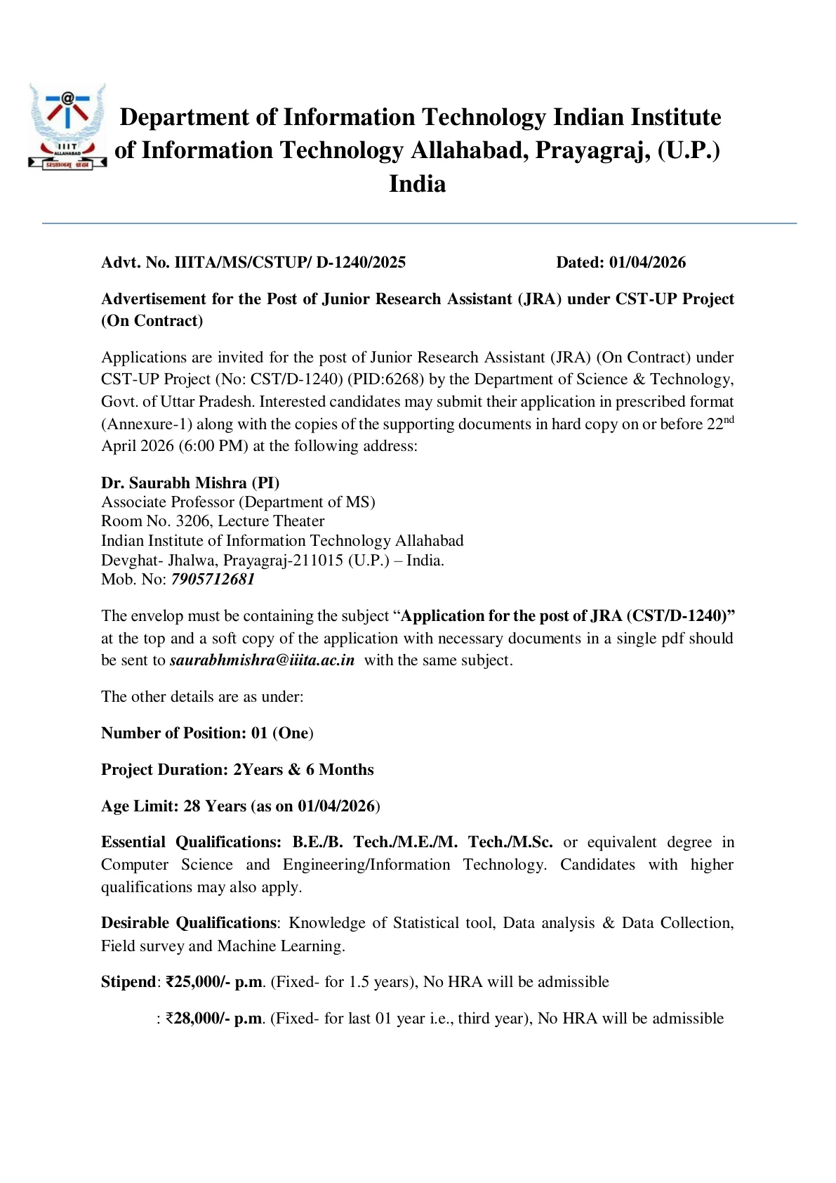 Official Recruitment Notification for IIIT Allahabad Junior Research Assistant Recruitment 2026 - Apply Offline