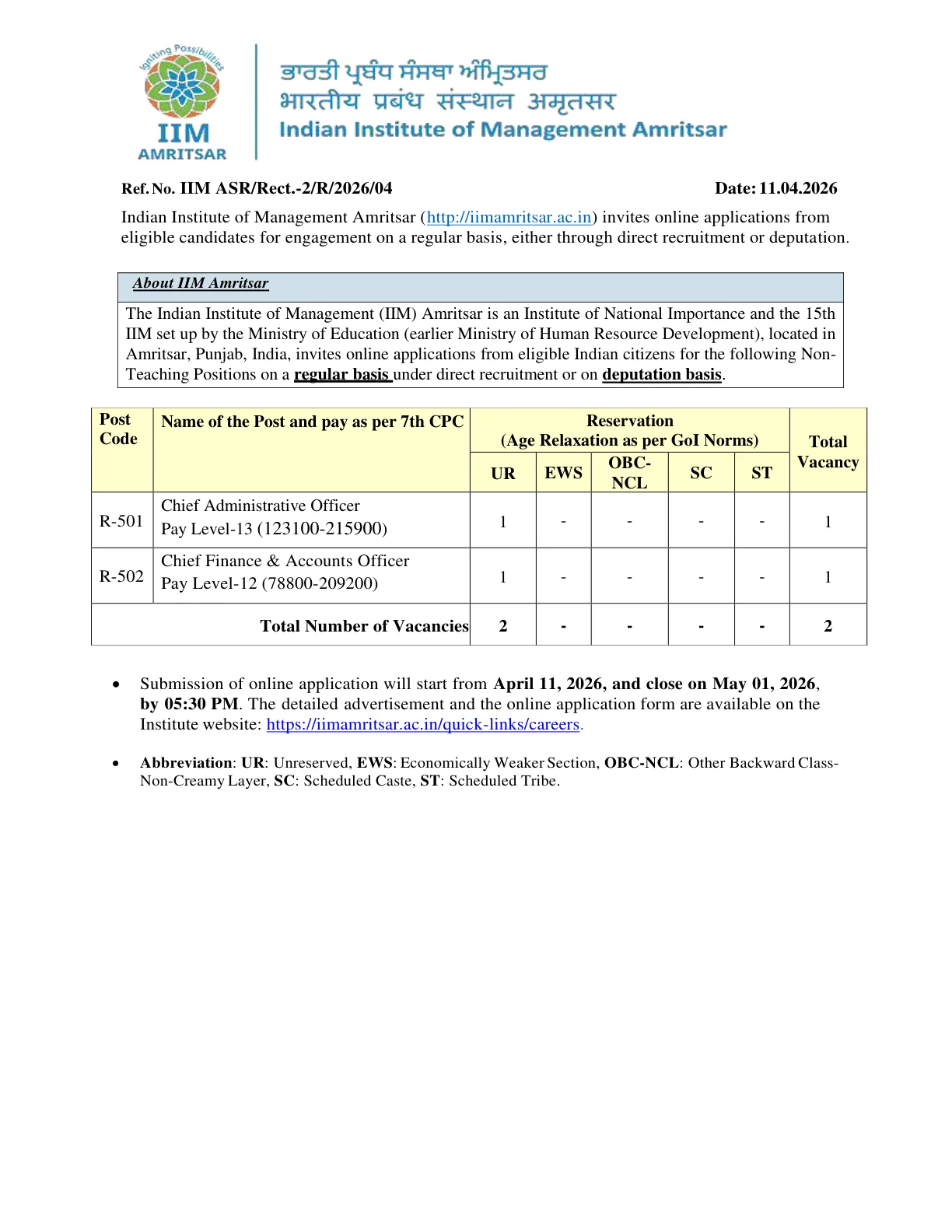 Official Recruitment Notification for IIM Amritsar Non Teaching Recruitment 2026 - Apply Online for Chief Administrative Officer and Chief Finance & Accounts Officer Posts