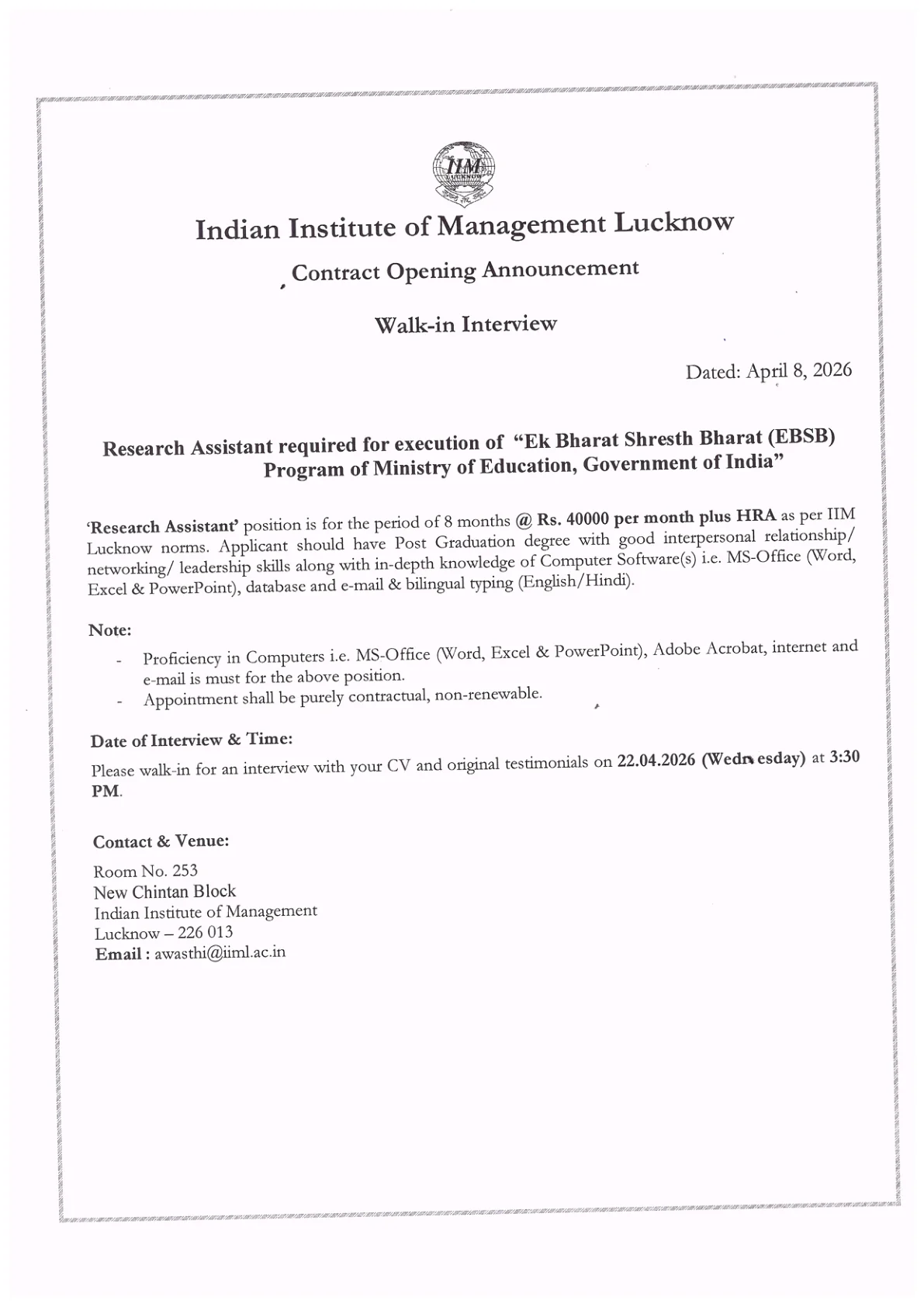 Official Recruitment Notification for IIM Lucknow Research Assistant Recruitment 2026 - Walkin
