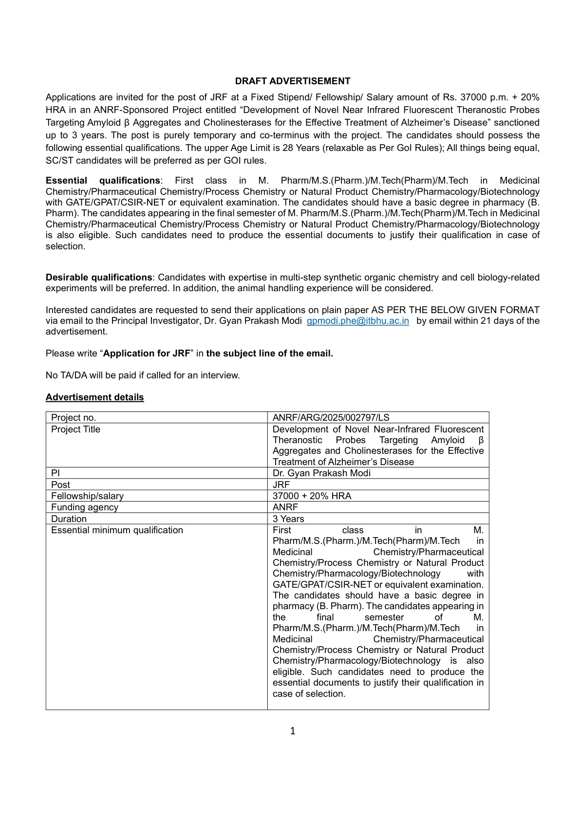 Official Recruitment Notification for IIT BHU Junior Research Fellow Recruitment 2026 - Apply Online