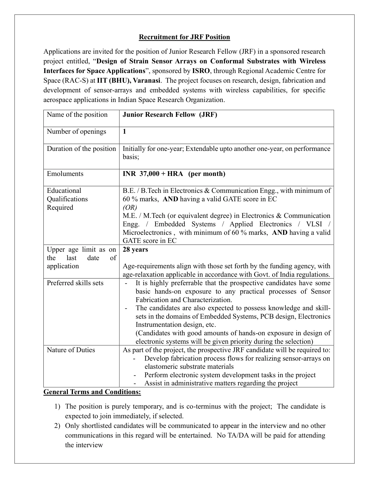 Official Recruitment Notification for IIT BHU Junior Research Fellow Recruitment 2026 - Apply Online