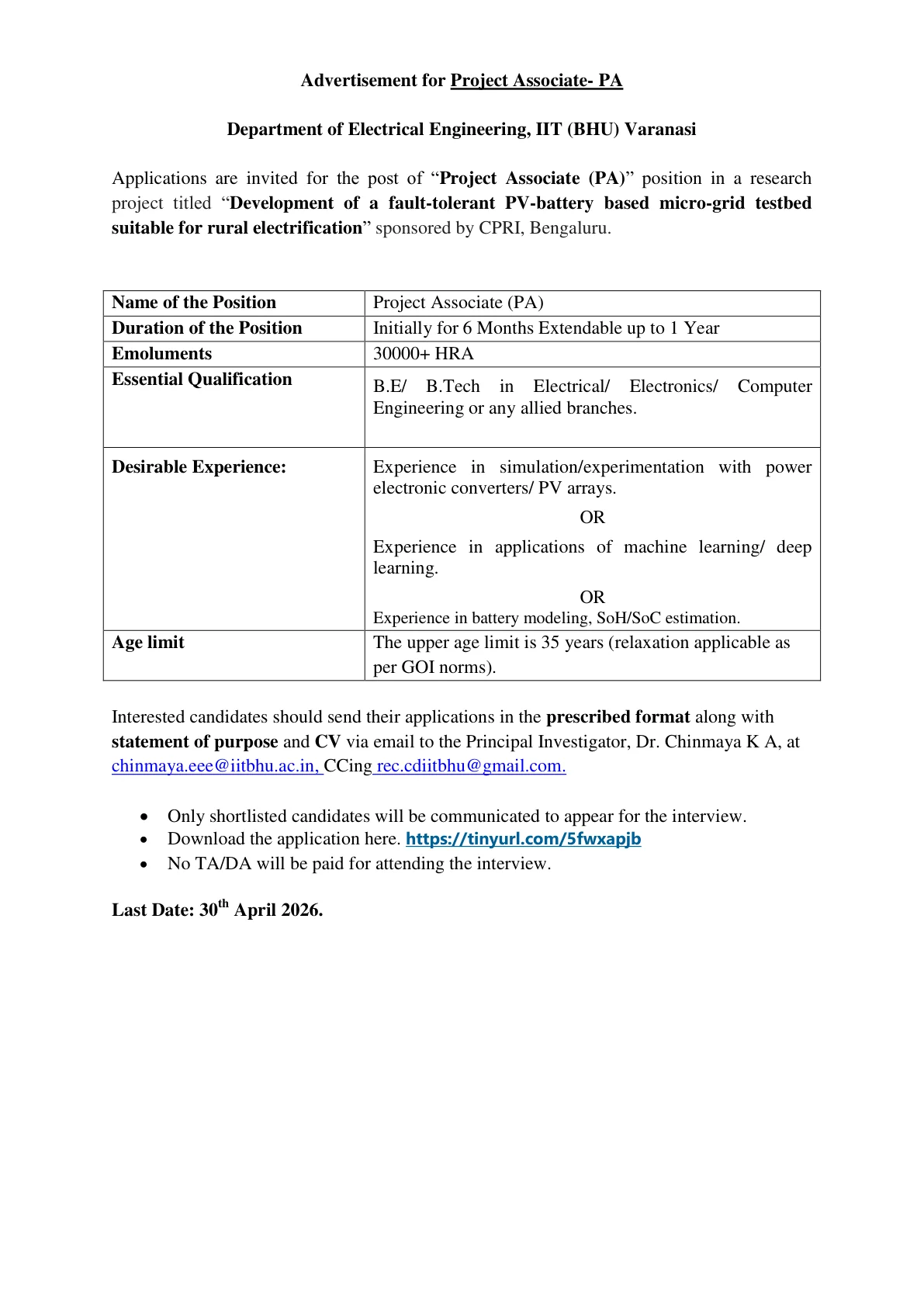 Official Recruitment Notification for IIT BHU Project Associate Recruitment 2026 - Apply Online