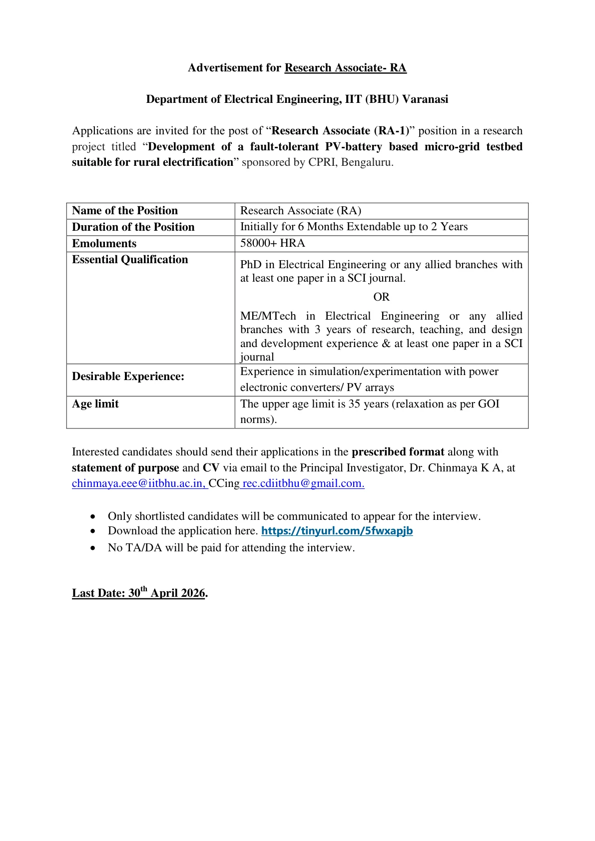 Official Recruitment Notification for IIT BHU Research Associate Recruitment 2026: Apply by Email, Check Eligibility, Salary and Last Date