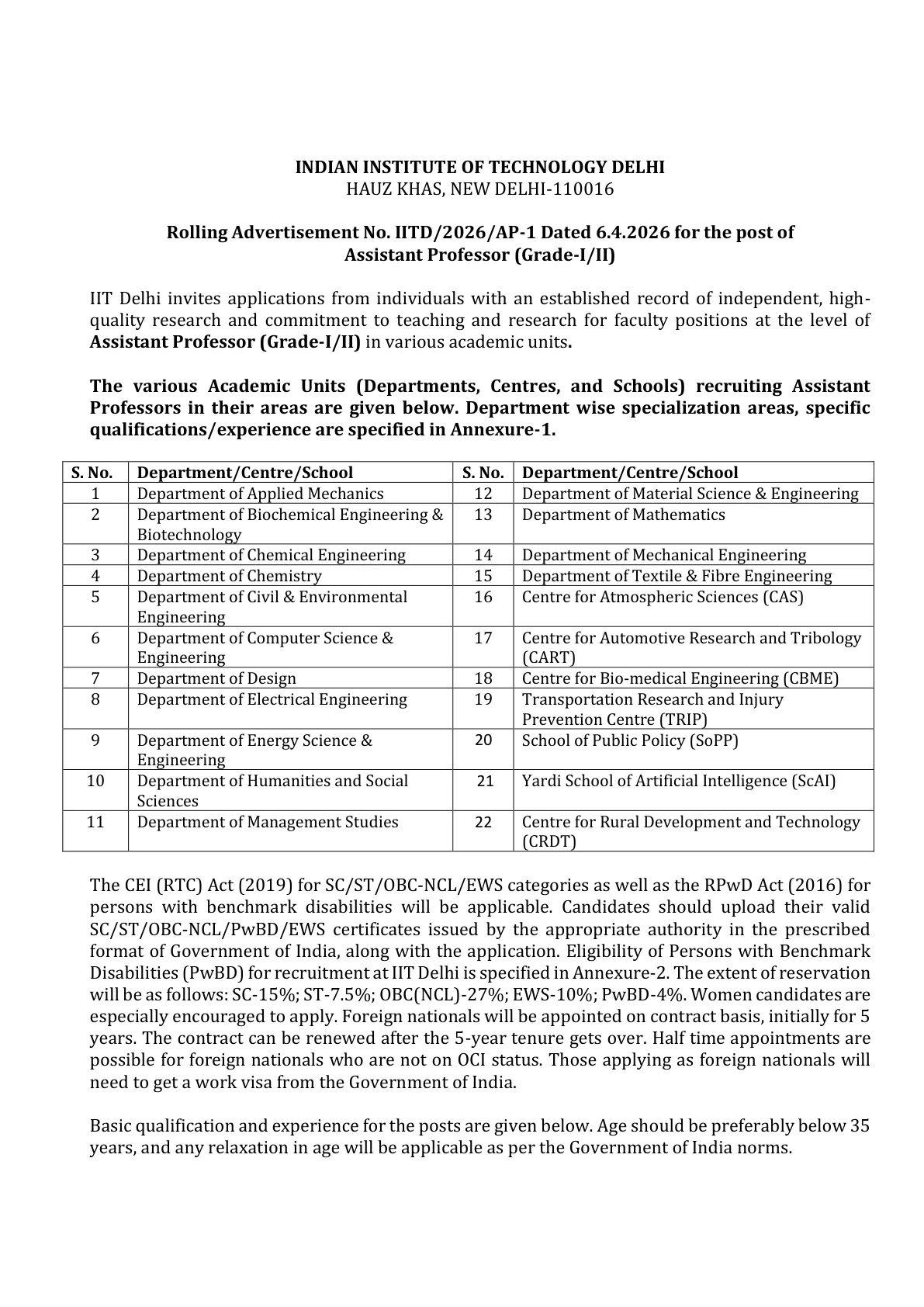 Official Recruitment Notification for IIT Delhi Faculty Recruitment 2026 for Assistant Professor, Associate Professor and Professor Posts: Eligibility, Pay, Application Deadline and Academic Units