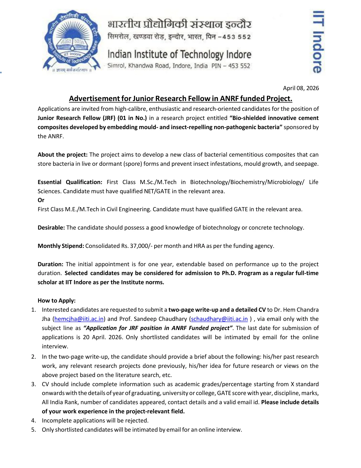Official Recruitment Notification for IIT Indore Junior Research Fellow Recruitment 2026 - Apply Online