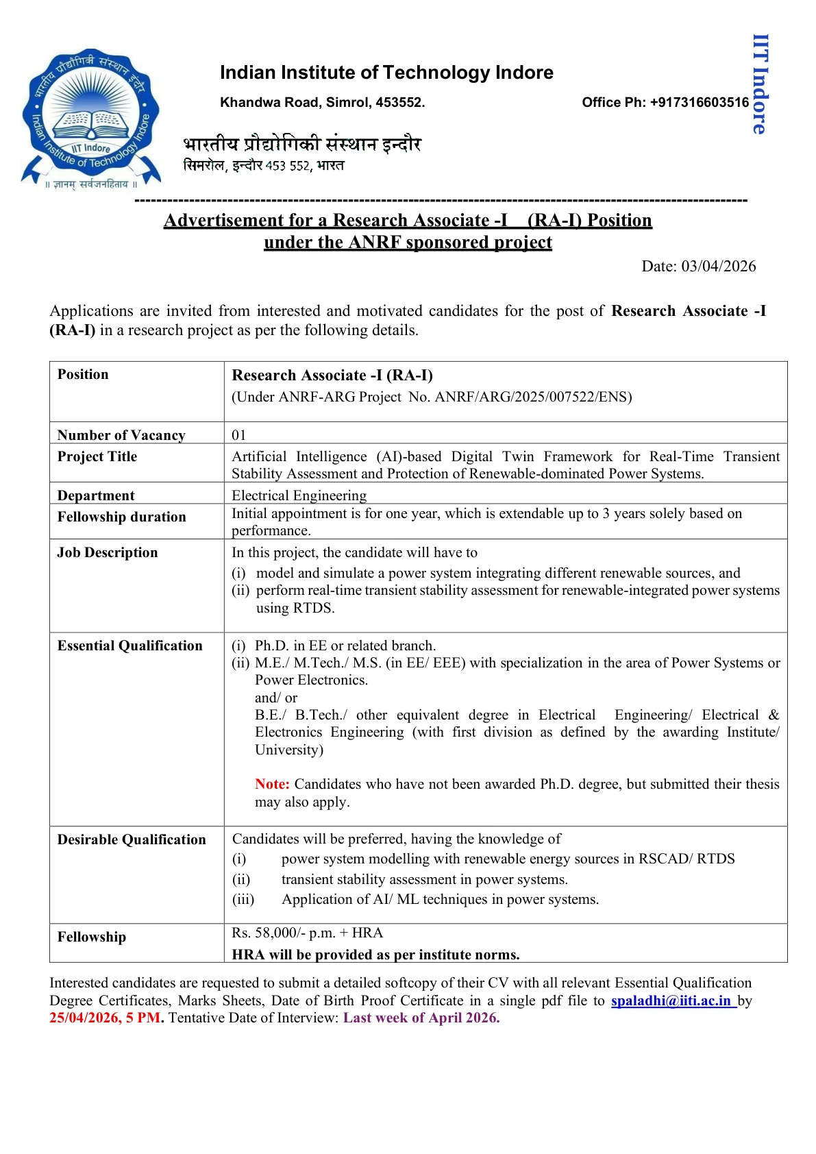 Official Recruitment Notification for IIT Indore Research Associate I Recruitment 2026: Check eligibility, salary, last date and email application steps