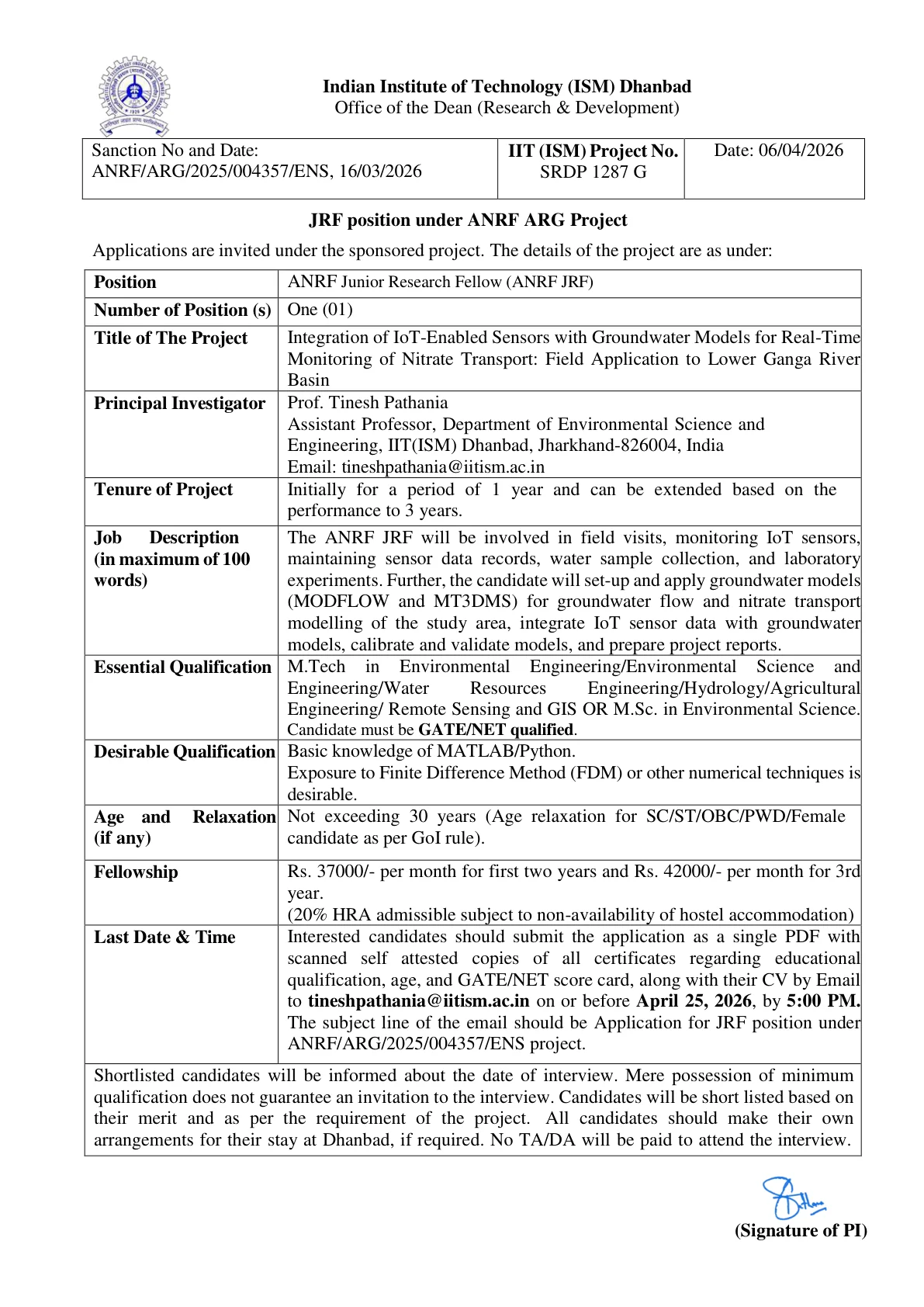 Official Recruitment Notification for IIT (ISM) Dhanbad ANRF Junior Research Fellow Recruitment 2026 - Apply Online