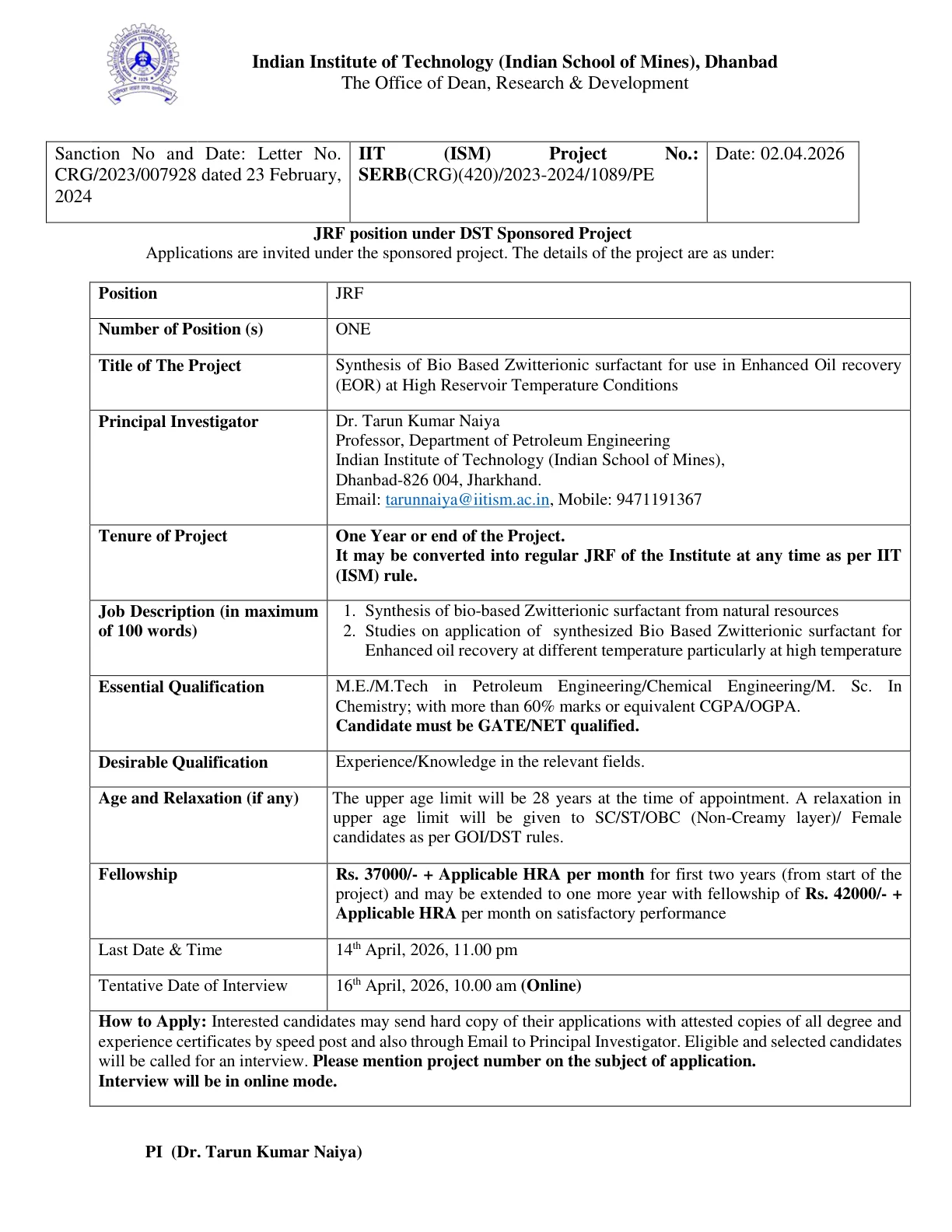 Official Recruitment Notification for IIT ISM Dhanbad Junior Research Fellow Recruitment 2026 - Apply Online
