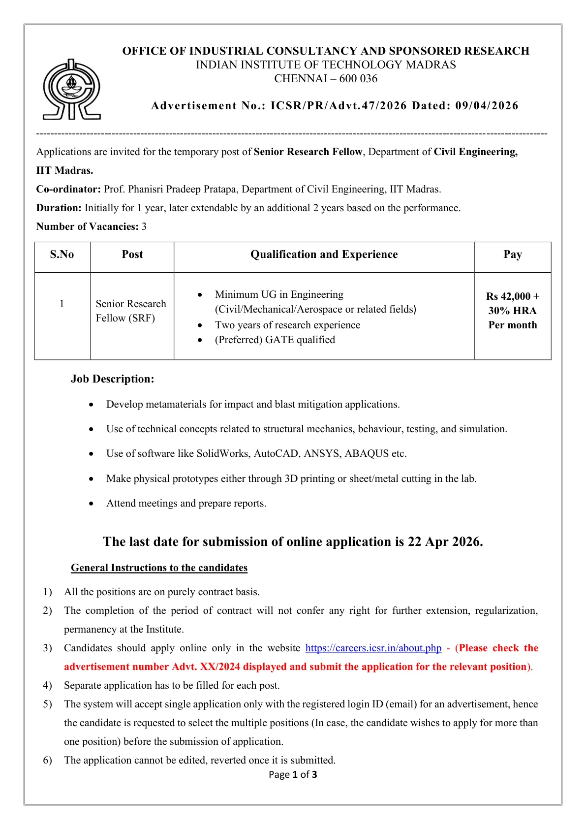 Official Recruitment Notification for IIT Madras Senior Research Fellow Recruitment 2026 - Apply Online