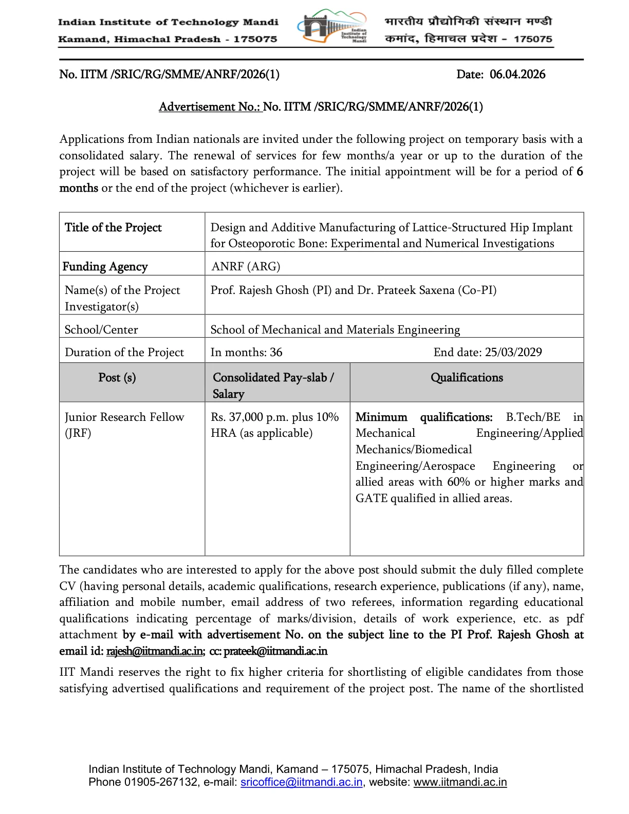 Official Recruitment Notification for IIT Mandi Junior Research Fellow Recruitment 2026: Eligibility, Salary, Last Date and How to Apply by Email