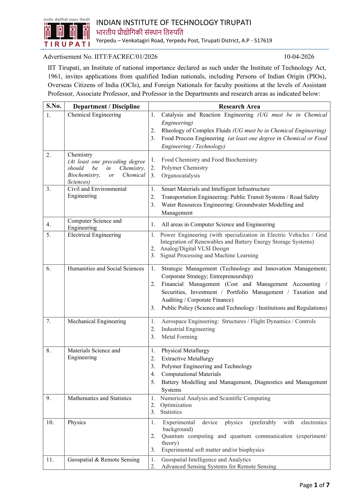 Official Recruitment Notification for IIT Tirupati Faculty Recruitment 2026 - Apply Online