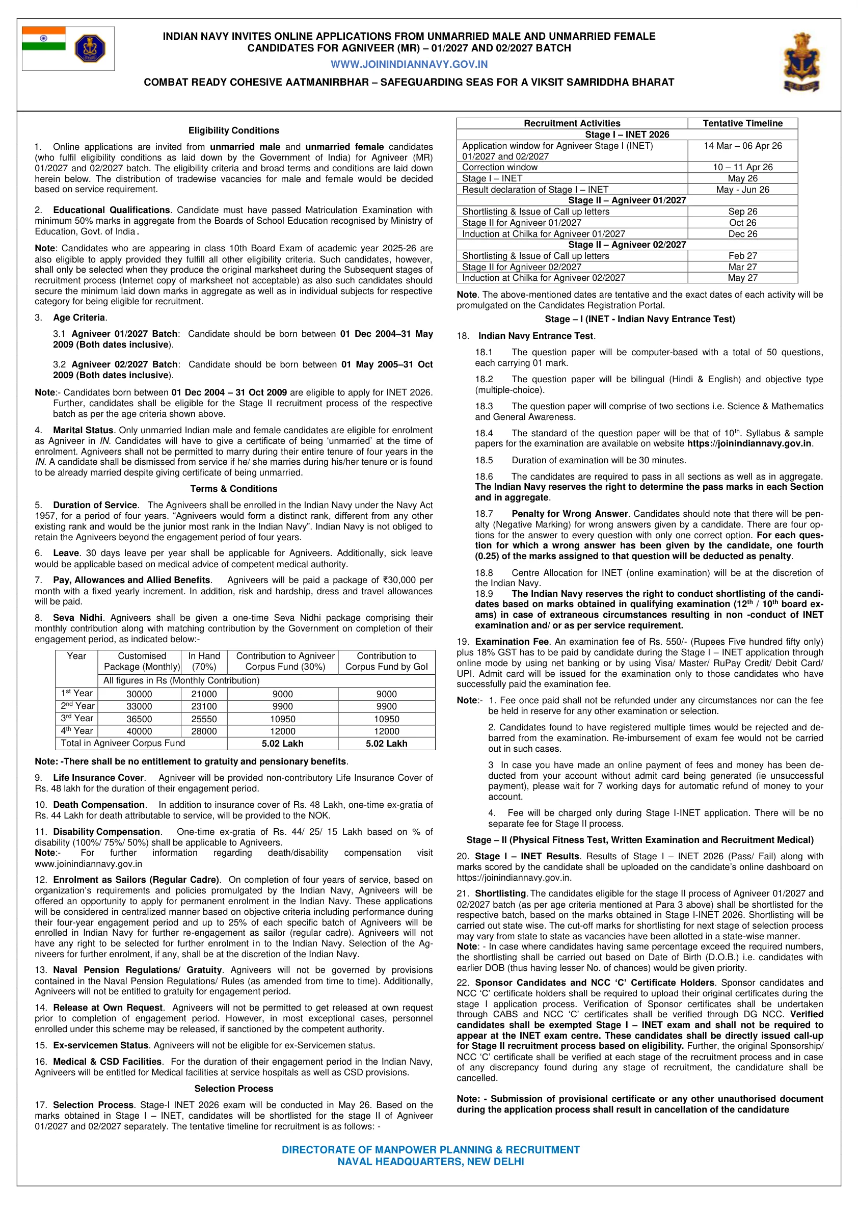 Official Exam Notice for Indian Navy MR Exam Pattern 2026: Get MR Syllabus, Selection Process & Physical Test