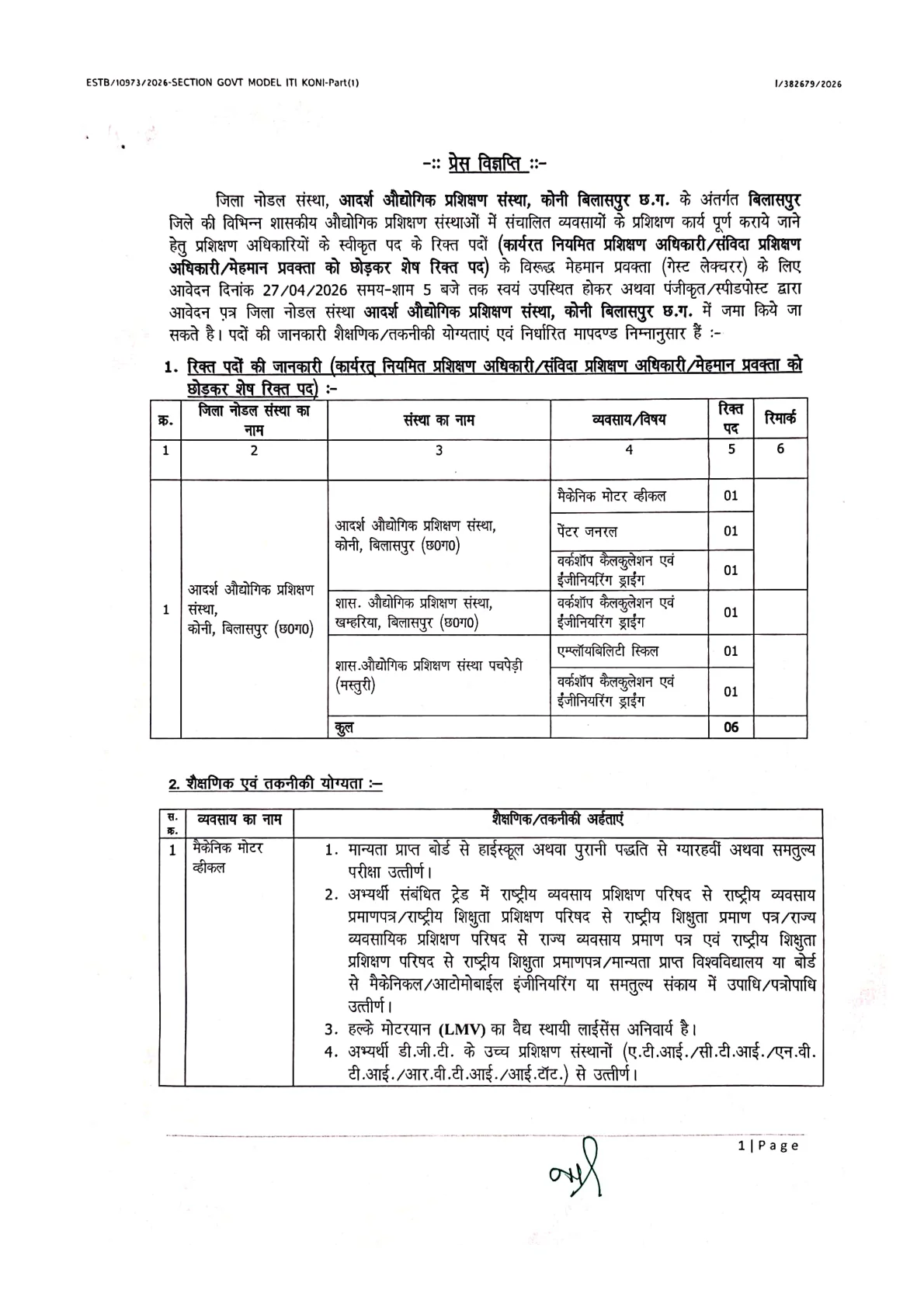 Official Recruitment Notification for ITI Bilaspur Guest Lecturer Recruitment 2026: Check 6 vacancies, eligibility, salary, age limit and offline application steps